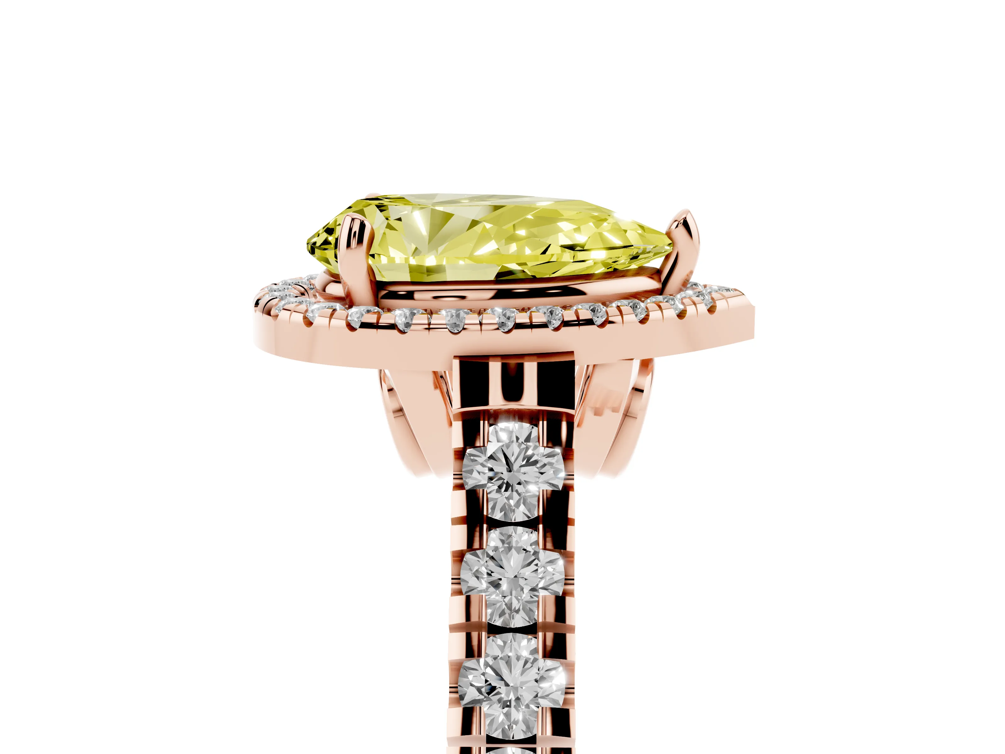 Fancy Yellow Pear Cut Diamond Halo Engagement Ring Set in Rose gold with Pavé Band and Prong-Set Center