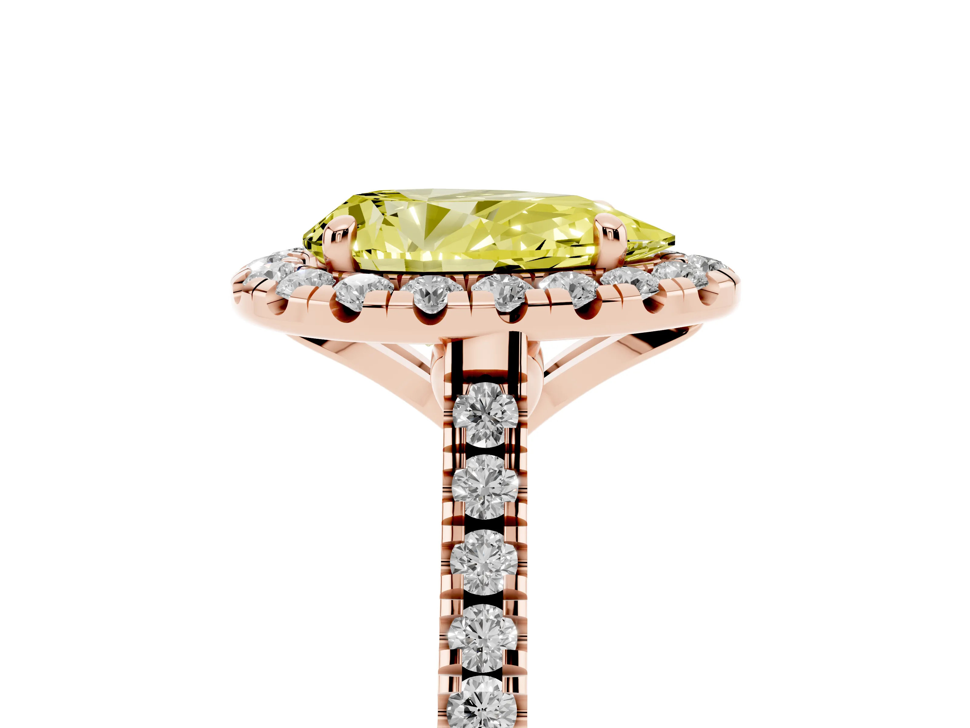 Fancy Yellow Pear Cut Diamond Cushion Halo Ring Set in Rose gold with Pavé Band