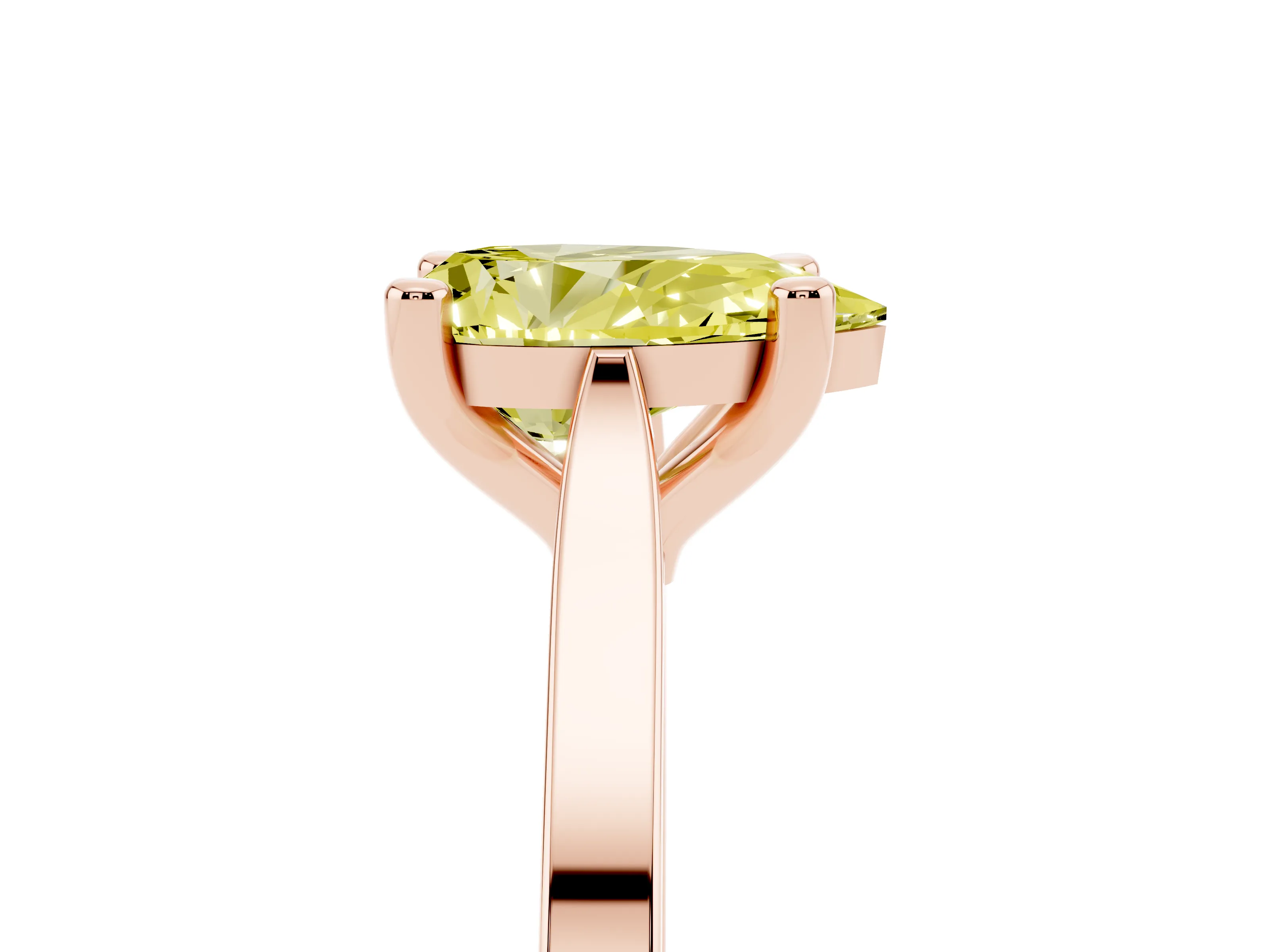Fancy Yellow Pear Cut Diamond Solitaire Ring Set in Rose gold with Prong Setting and Tapered Band