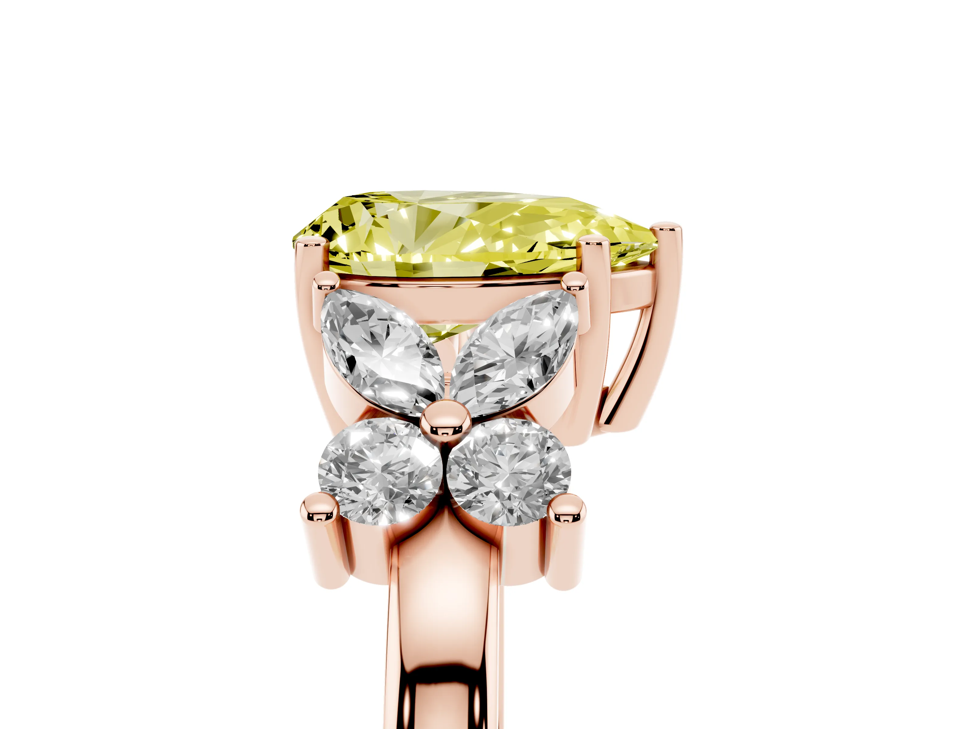Fancy Yellow Pear Cut Diamond Floral Cluster Ring Set in Rose gold with Marquise Petals and Prong Setting