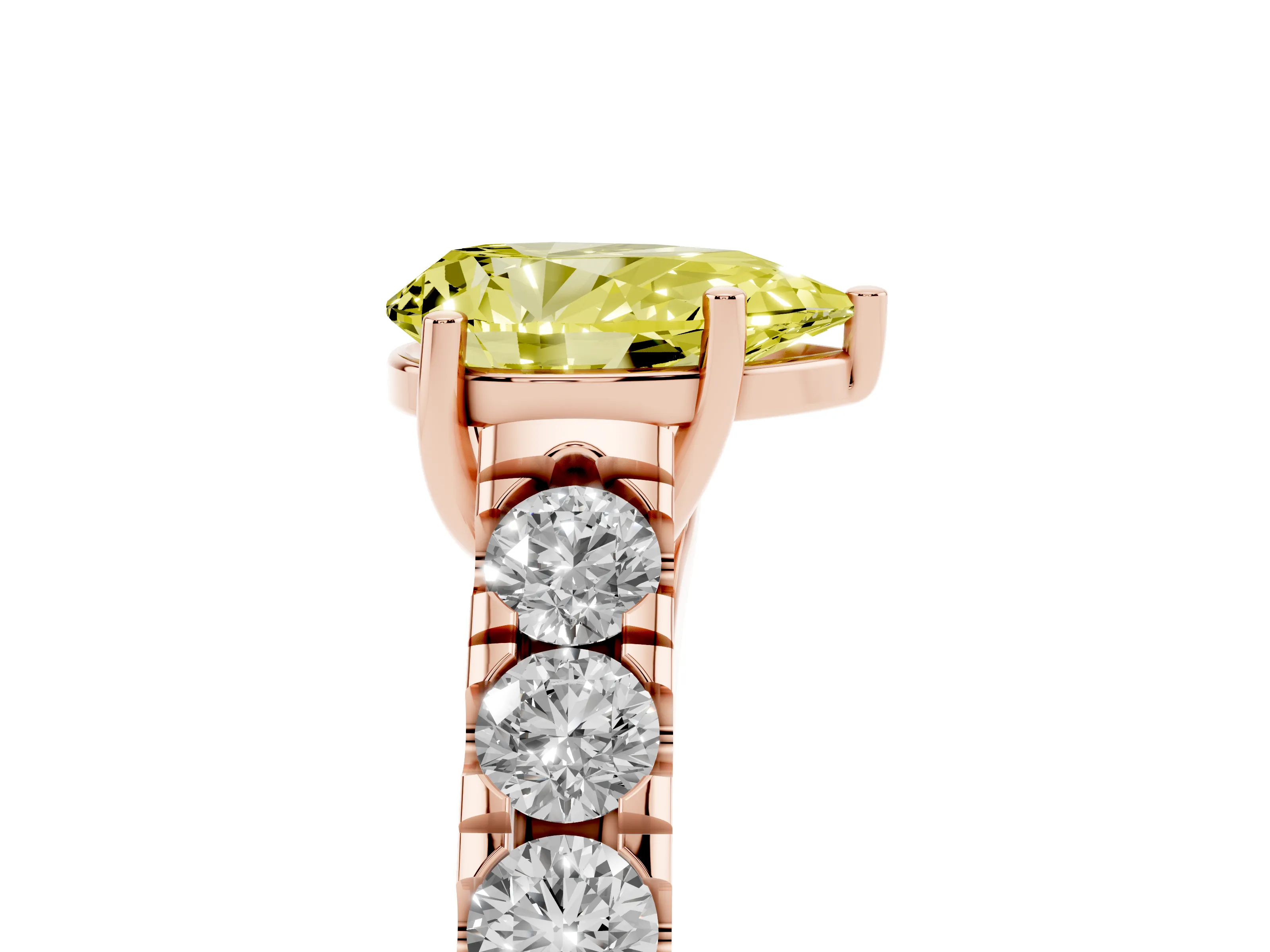 Fancy Yellow Pear Cut Diamond Solitaire Ring Set in Rose gold with Cut-Down Micro Pavé Band and Prong Setting