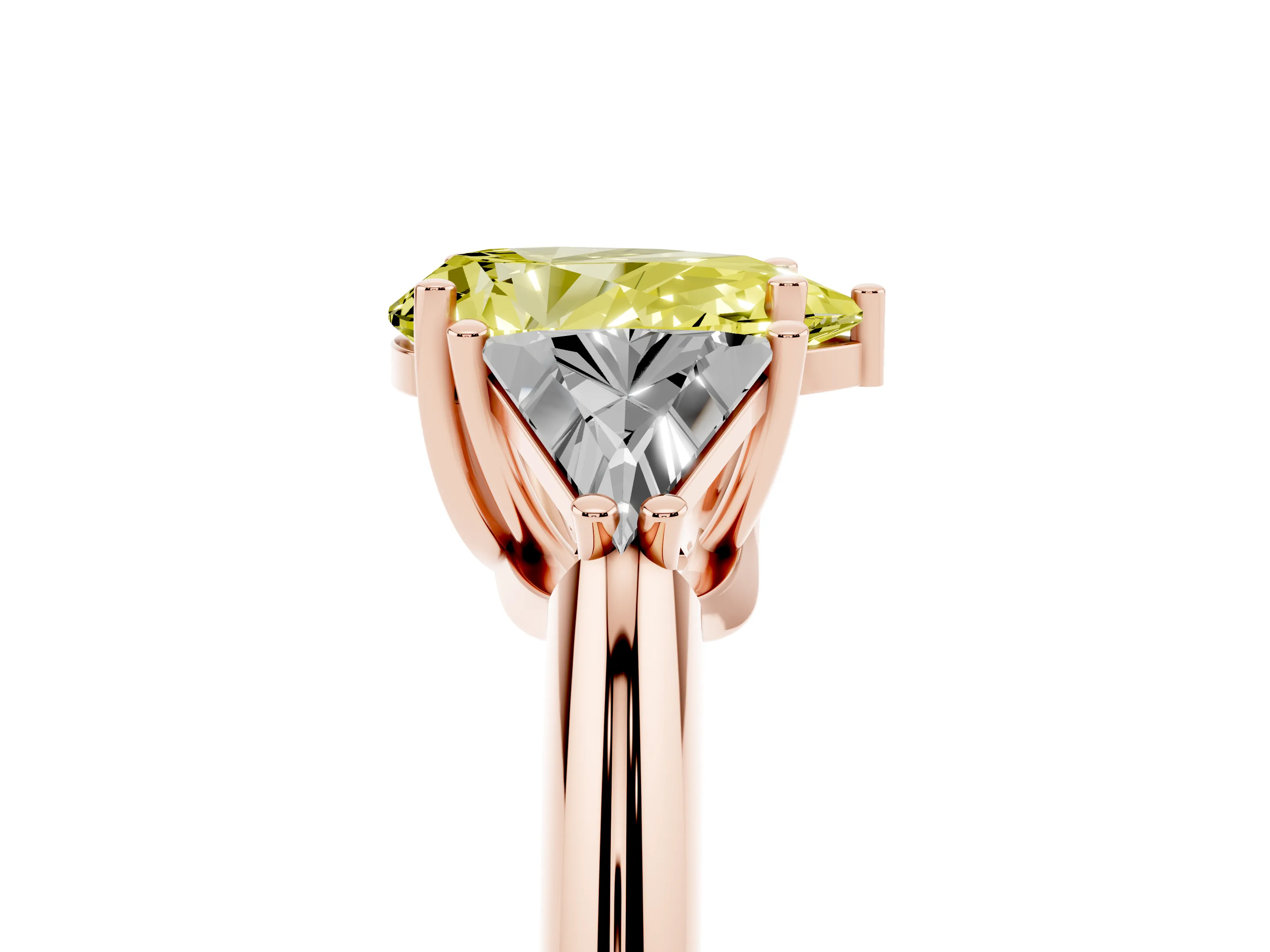 Fancy Yellow Pear Cut Diamond Three-Stone Engagement Ring Set in Rose gold with Trillion Side Stones