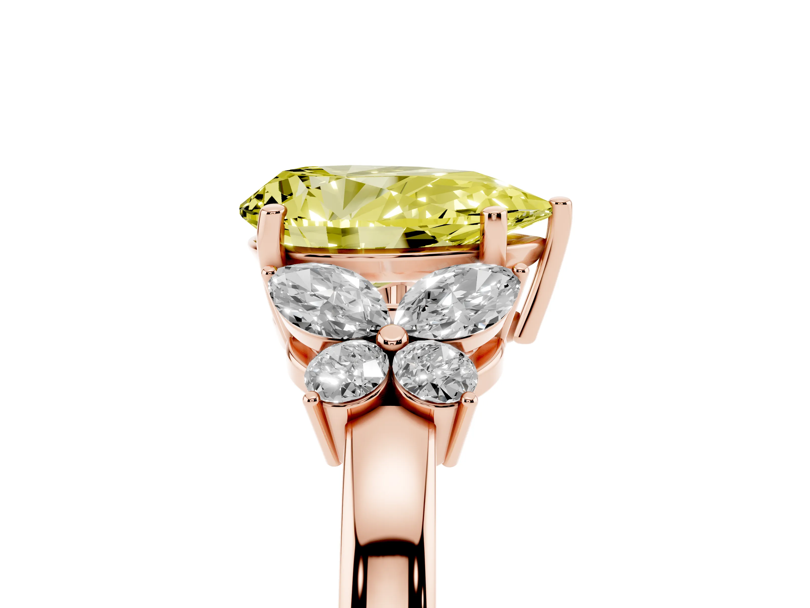 Fancy Yellow Pear Cut Diamond Solitaire Floral Ring Set in Rose gold with Marquise Petals and Prong Setting