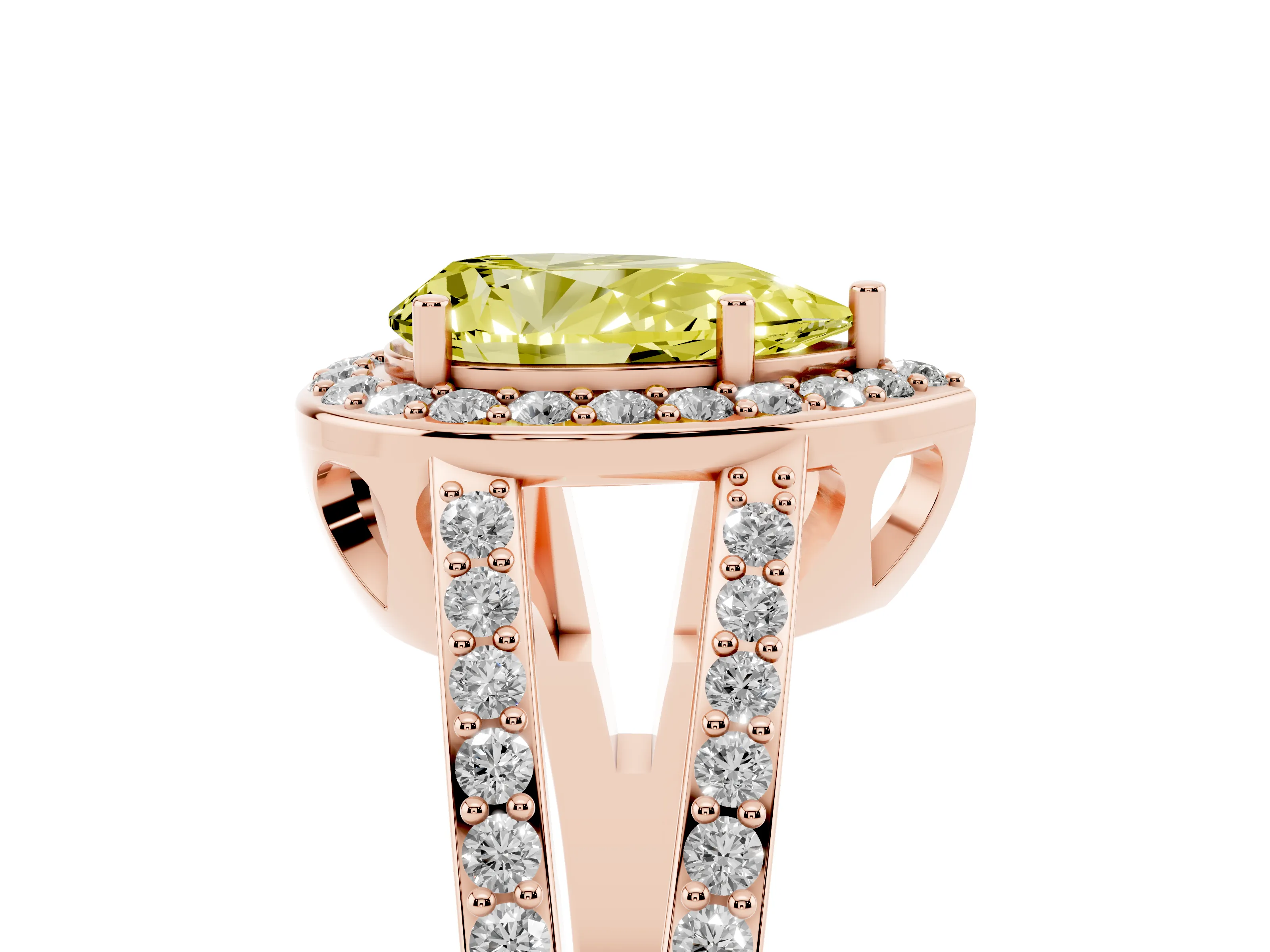 Fancy Yellow Pear Cut Diamond Halo Ring Set in Rose gold with U-Prong Split Shank and Prong Setting