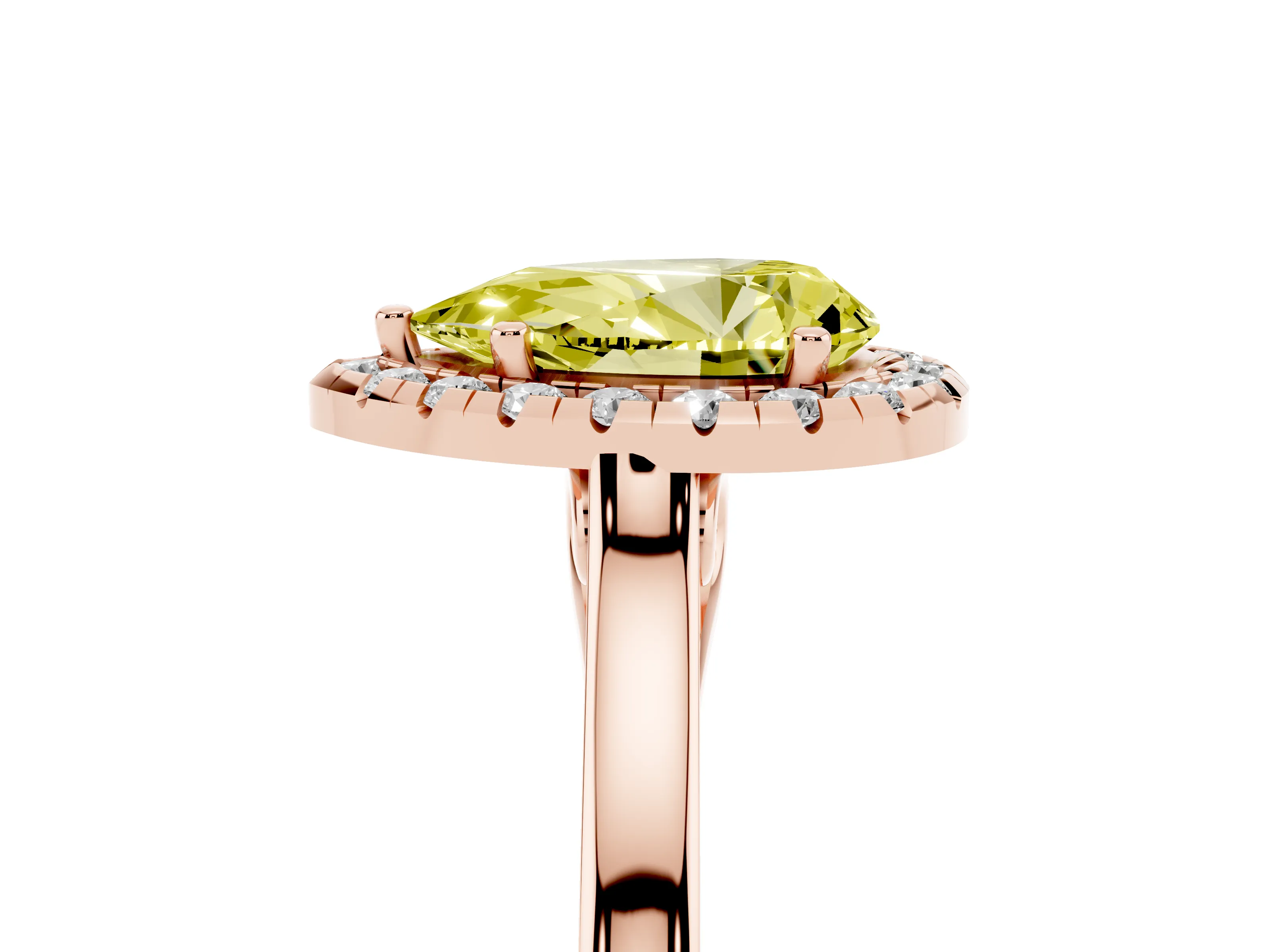 Fancy Yellow Pear Cut Halo Round Diamond Solitaire Ring Set in Rose gold with Pavé Band and Prong Setting