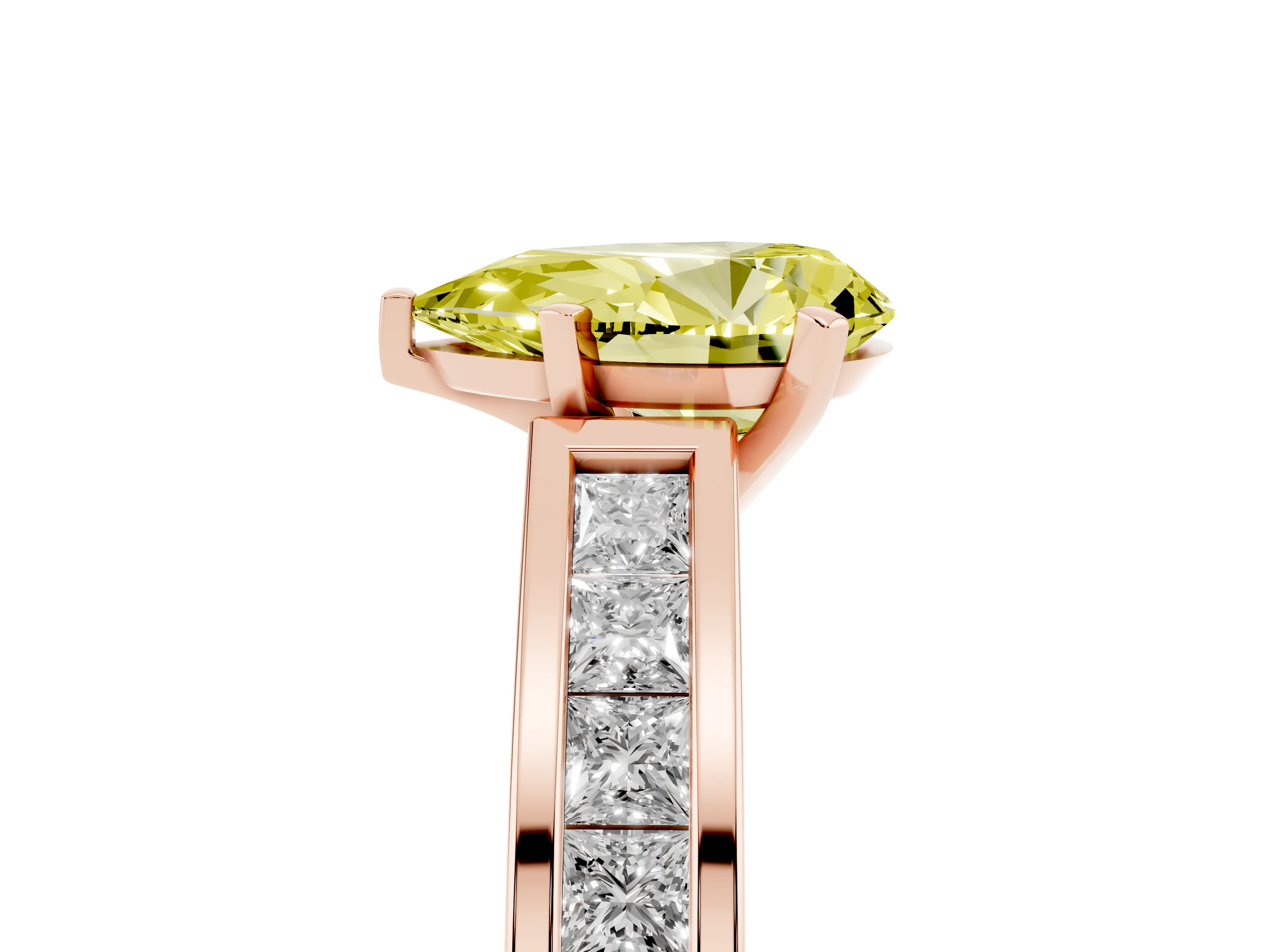 Fancy Yellow Pear Cut Diamond Solitaire Ring Set in Rose gold with Channel-Set Band and Prong Setting