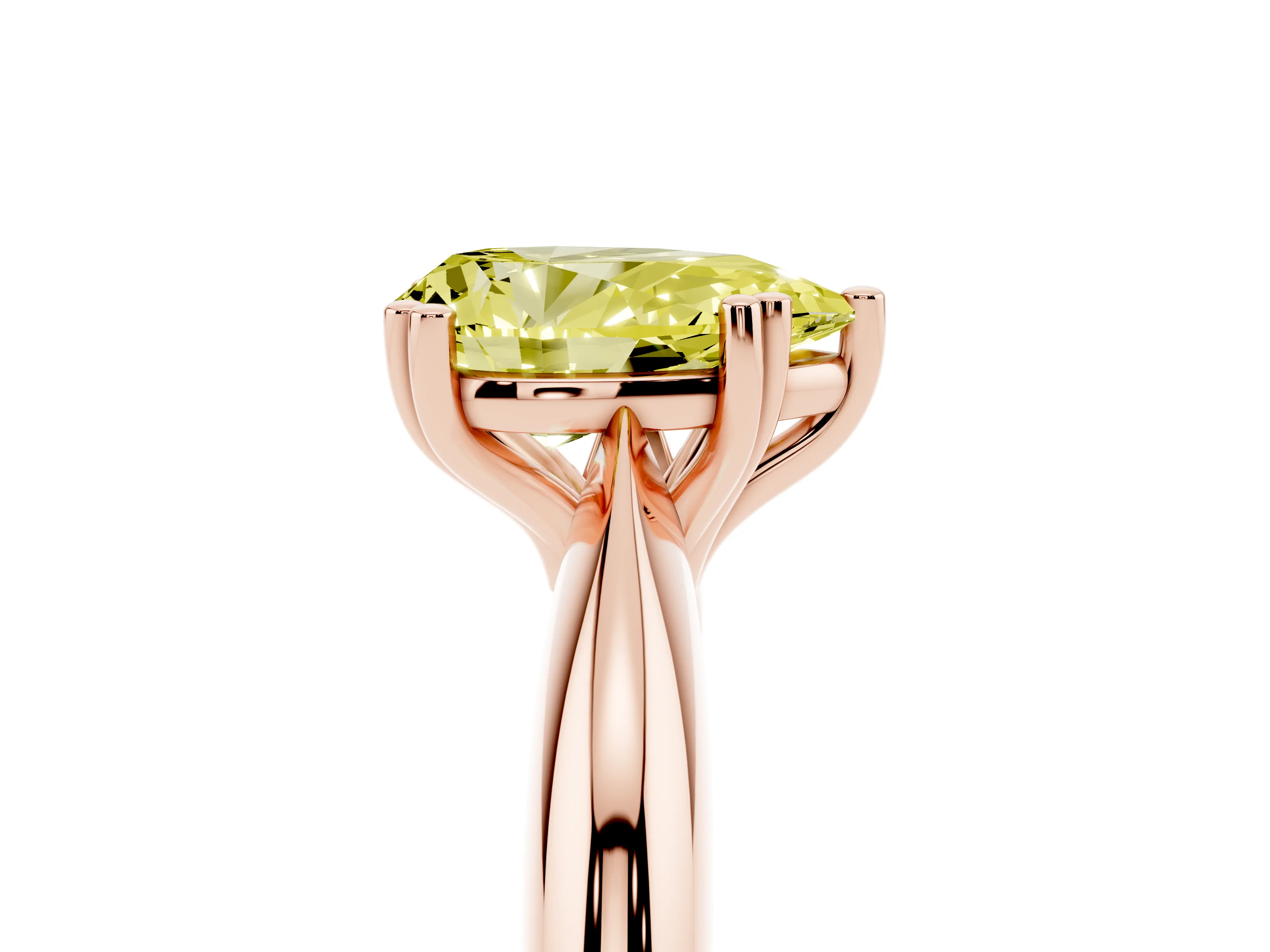 Fancy Yellow Pear Cut Diamond Solitaire Engagement Ring Set in Rose gold with Tapered Band and Prong Setting