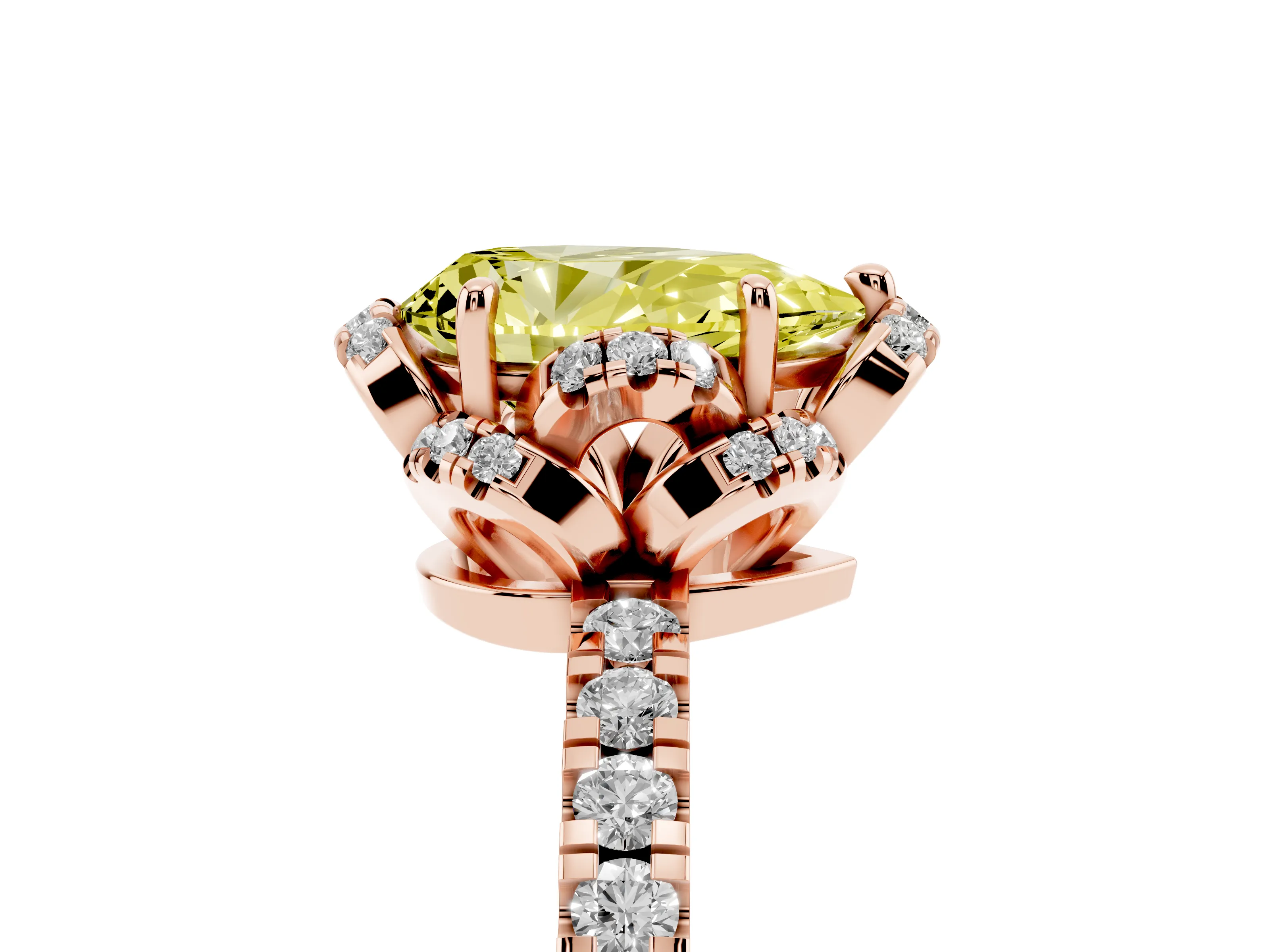 Fancy Yellow Pear Cut Diamond Halo Pavé Band Ring Set in Rose gold with Prong-Held Center
