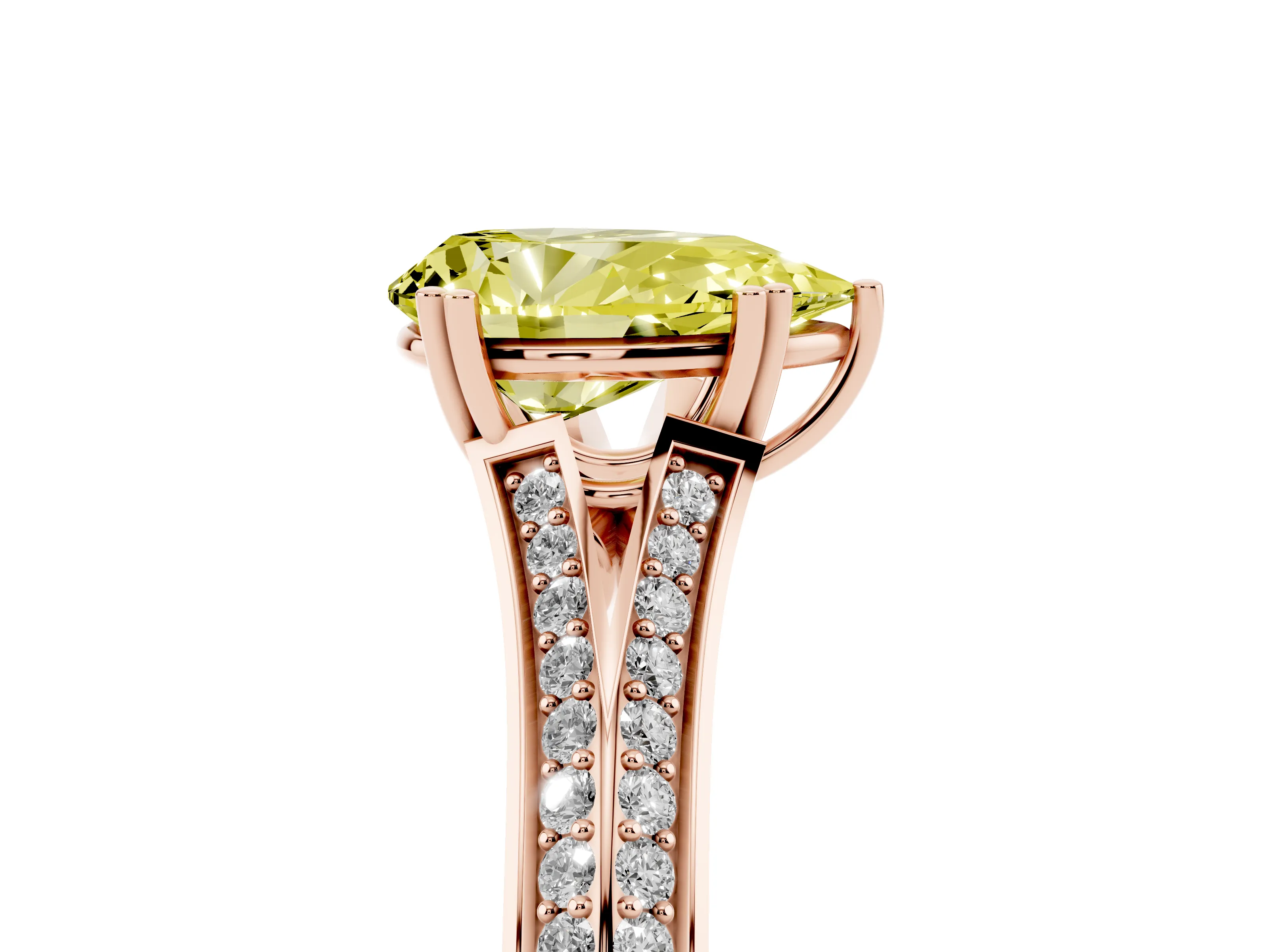 Fancy Yellow Pear Cut Diamond Split Shank Pavé Engagement Ring Set in Rose gold with Prong-Set Center Stone