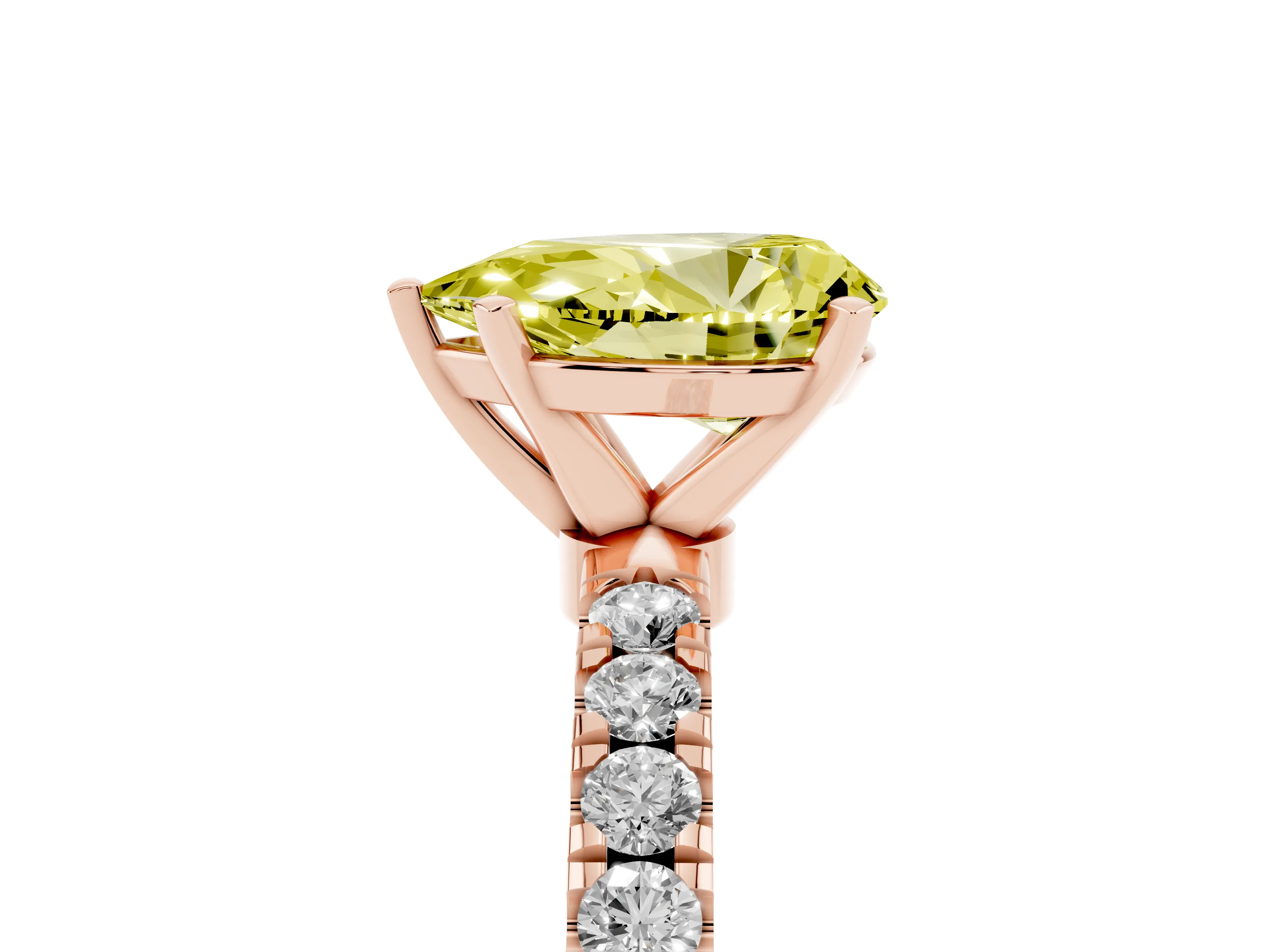 Fancy Yellow Pear Cut Diamond Solitaire Ring Set in Rose gold with Pavé Accents and Prong Setting