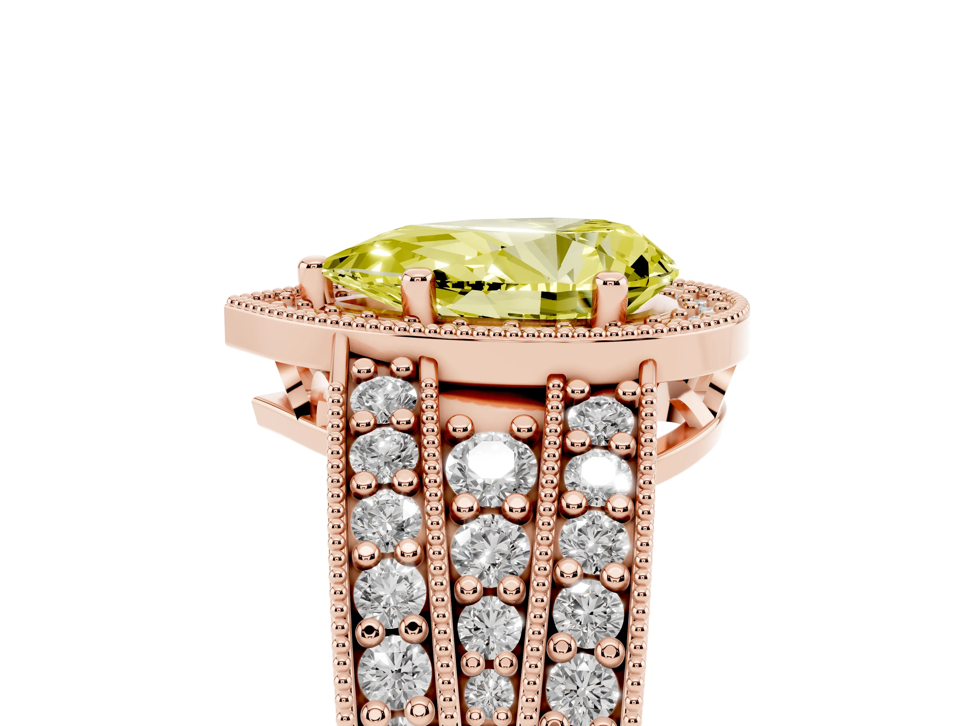 Fancy Yellow Pear Cut Diamond Halo Ring Set in Rose gold with Accent Split Shank and Prong Setting