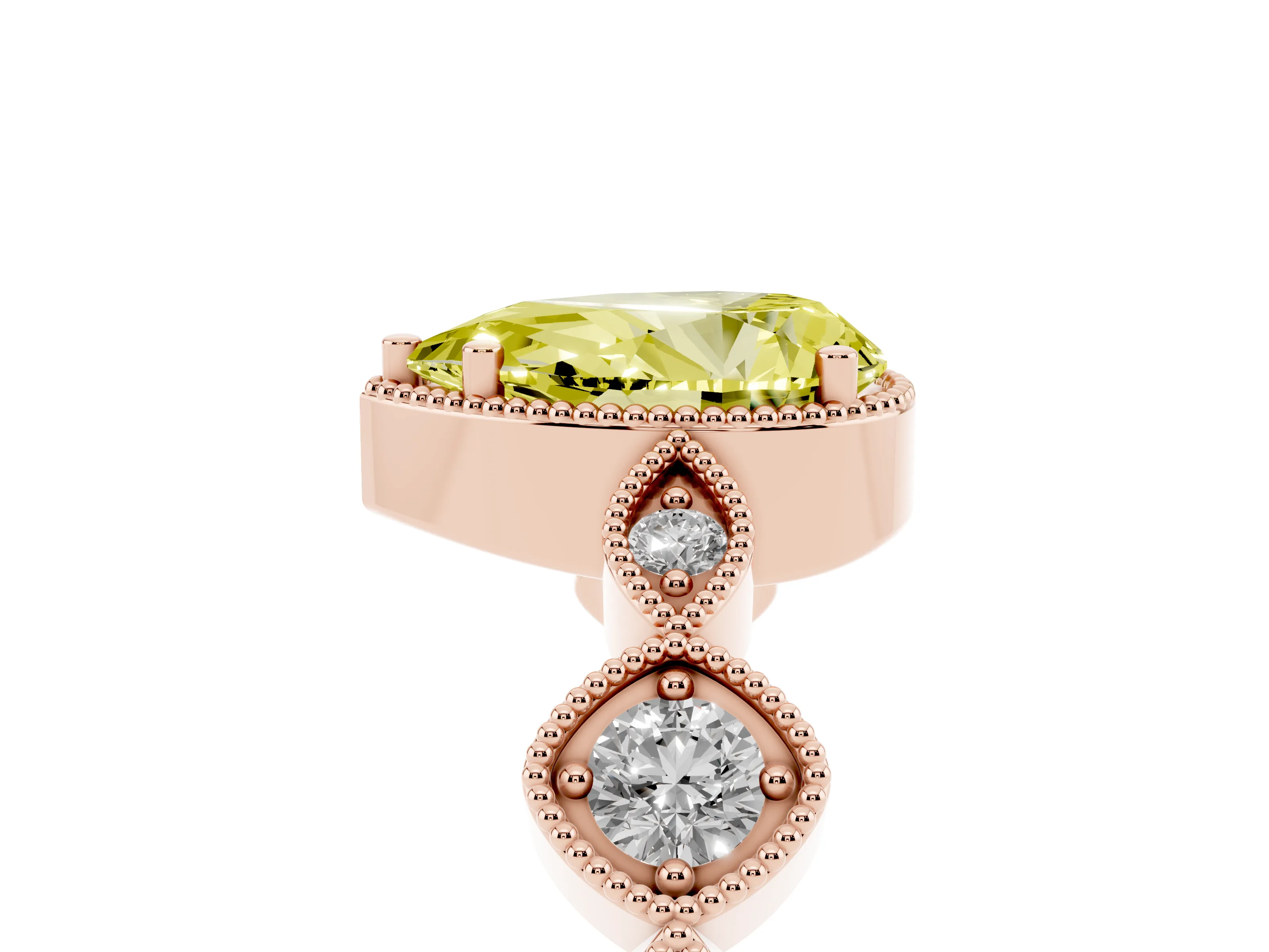 Fancy Yellow Pear Cut Diamond Vintage-Inspired Milgrain Ring Set in Rose gold with Marquise Stations of Round Accents