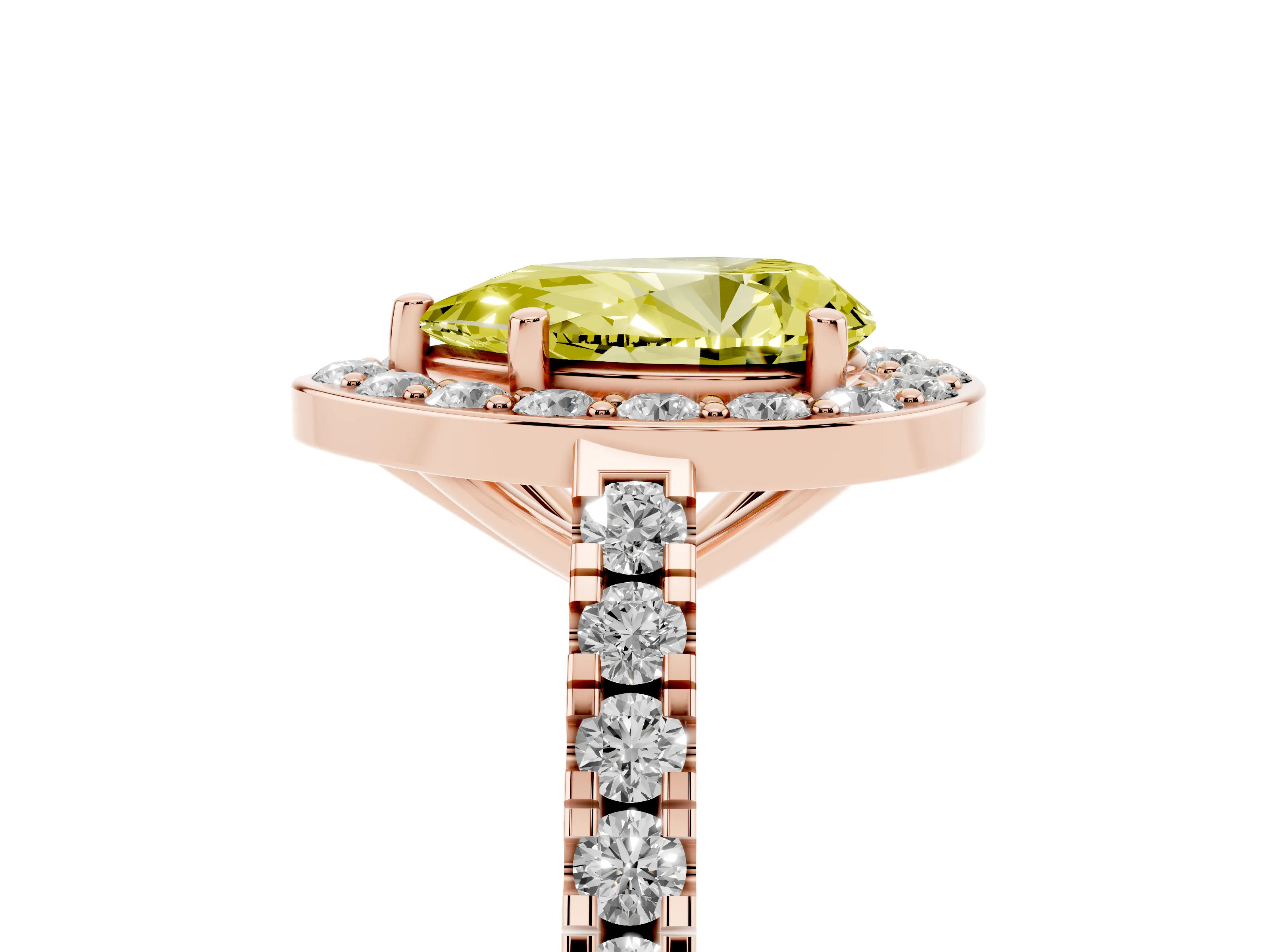 Fancy Yellow Pear Cut Diamond Halo Ring Set in Rose gold with Round Pavé Split Shank and Prong Setting