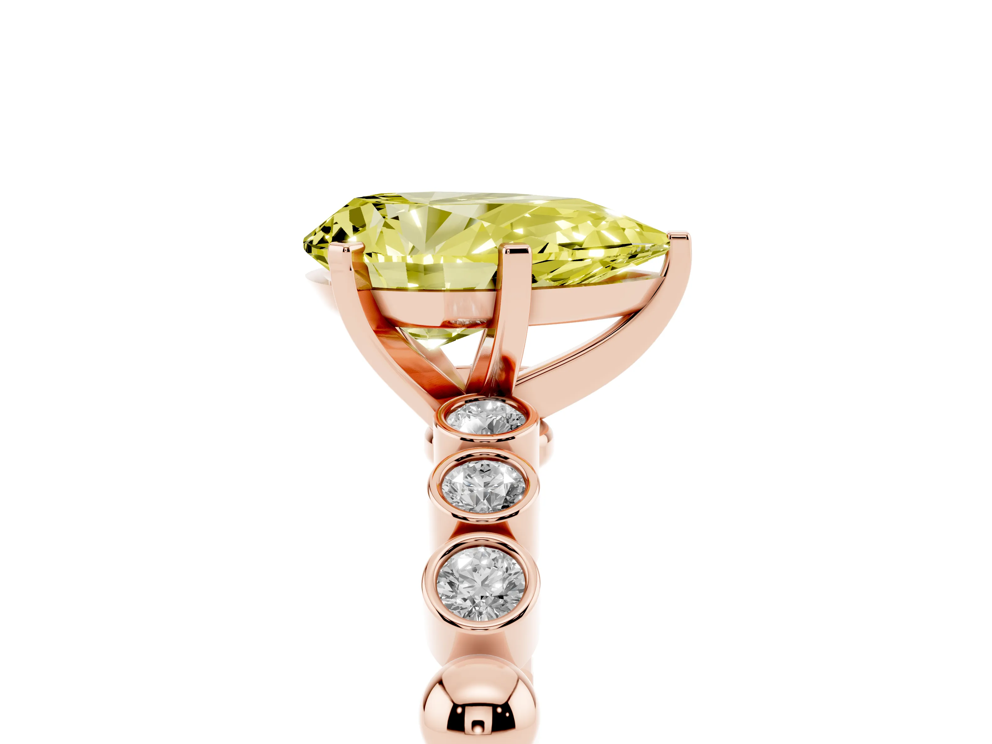 Fancy Yellow Pear Cut Diamond Solitaire Engagement Ring Set in Rose gold with Bezel Accents on Beaded Band