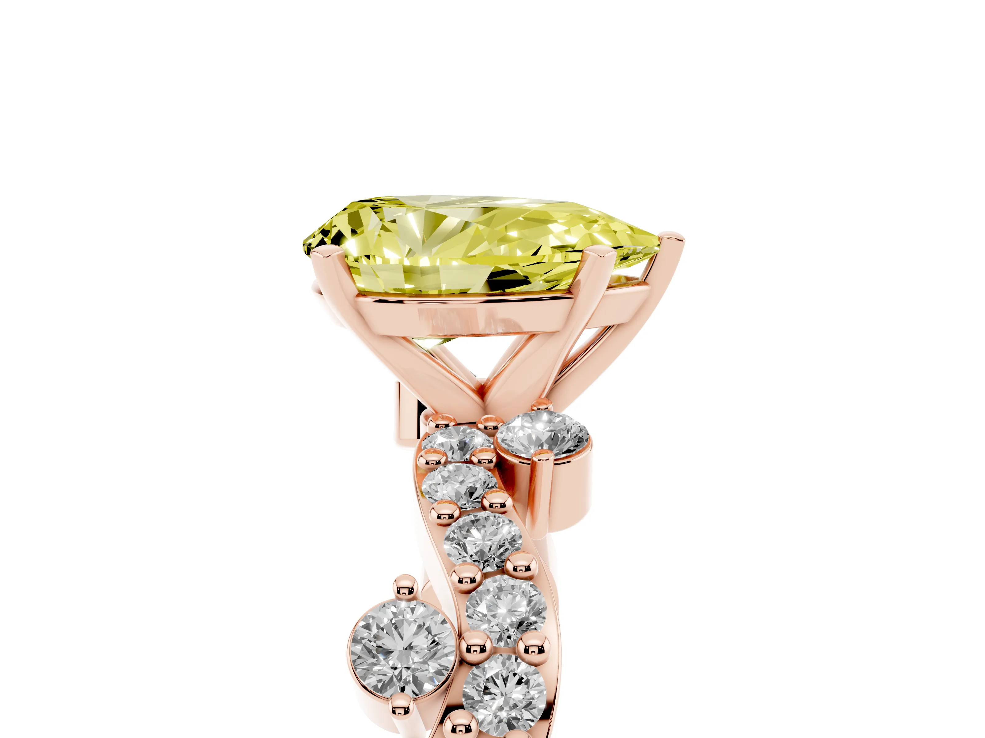 Fancy Yellow Pear Cut Diamond Solitaire Twisted Band Set in Rose gold with Pavé Setting