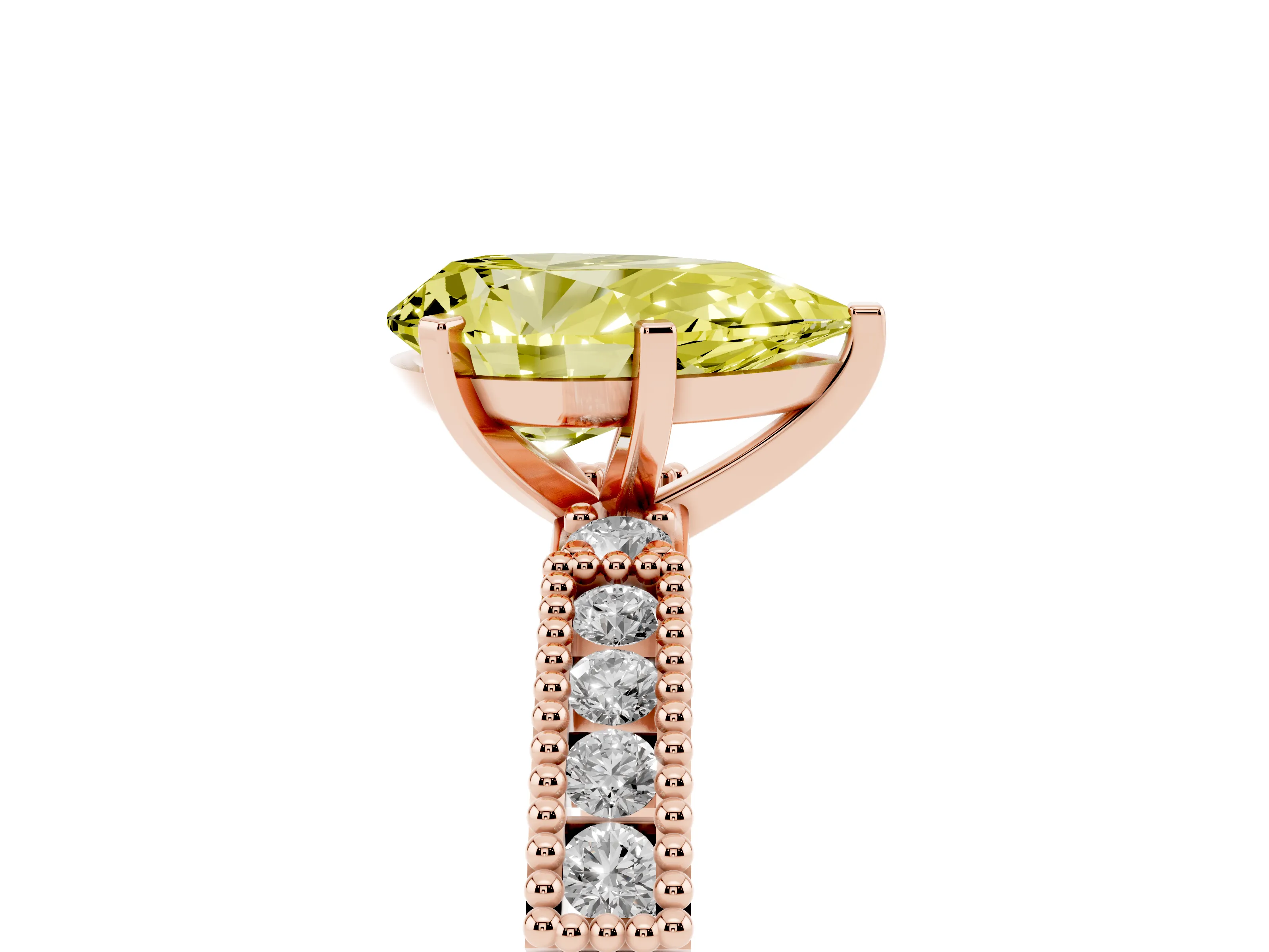 Fancy Yellow Pear Cut Diamond Solitaire Ring Set in Rose gold with Slim Pavé Band and Prong Setting
