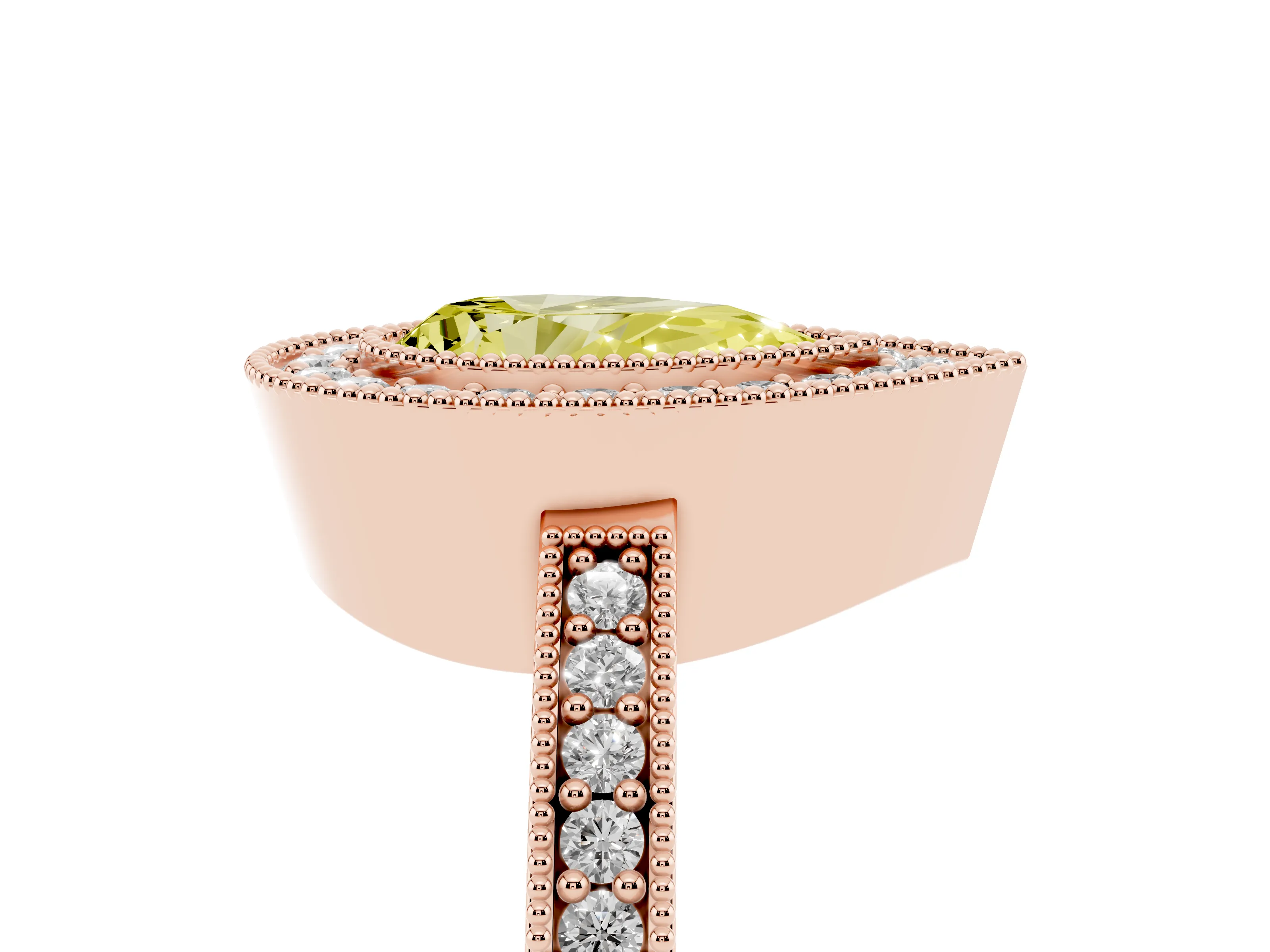 Fancy Yellow Pear Cut Diamond Halo Engagement Ring Set in Rose gold with Pavé Band and Round Halo Stones