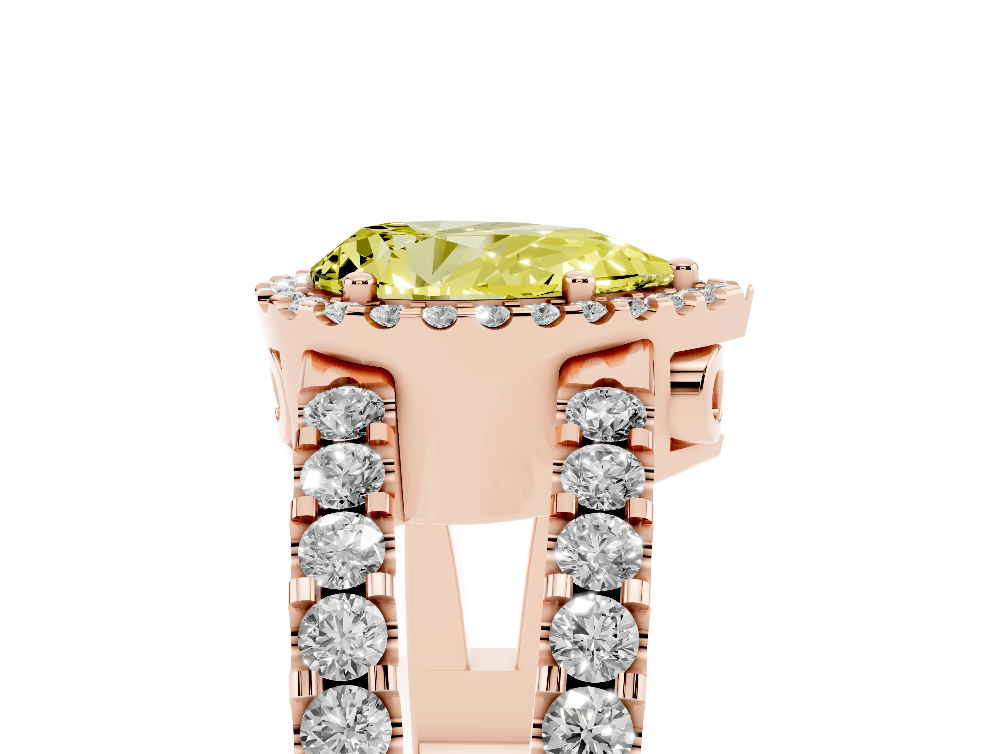 Fancy Yellow Pear Cut Diamond Halo Ring Set in Rose gold with Pavé Split Shank and Prong Setting