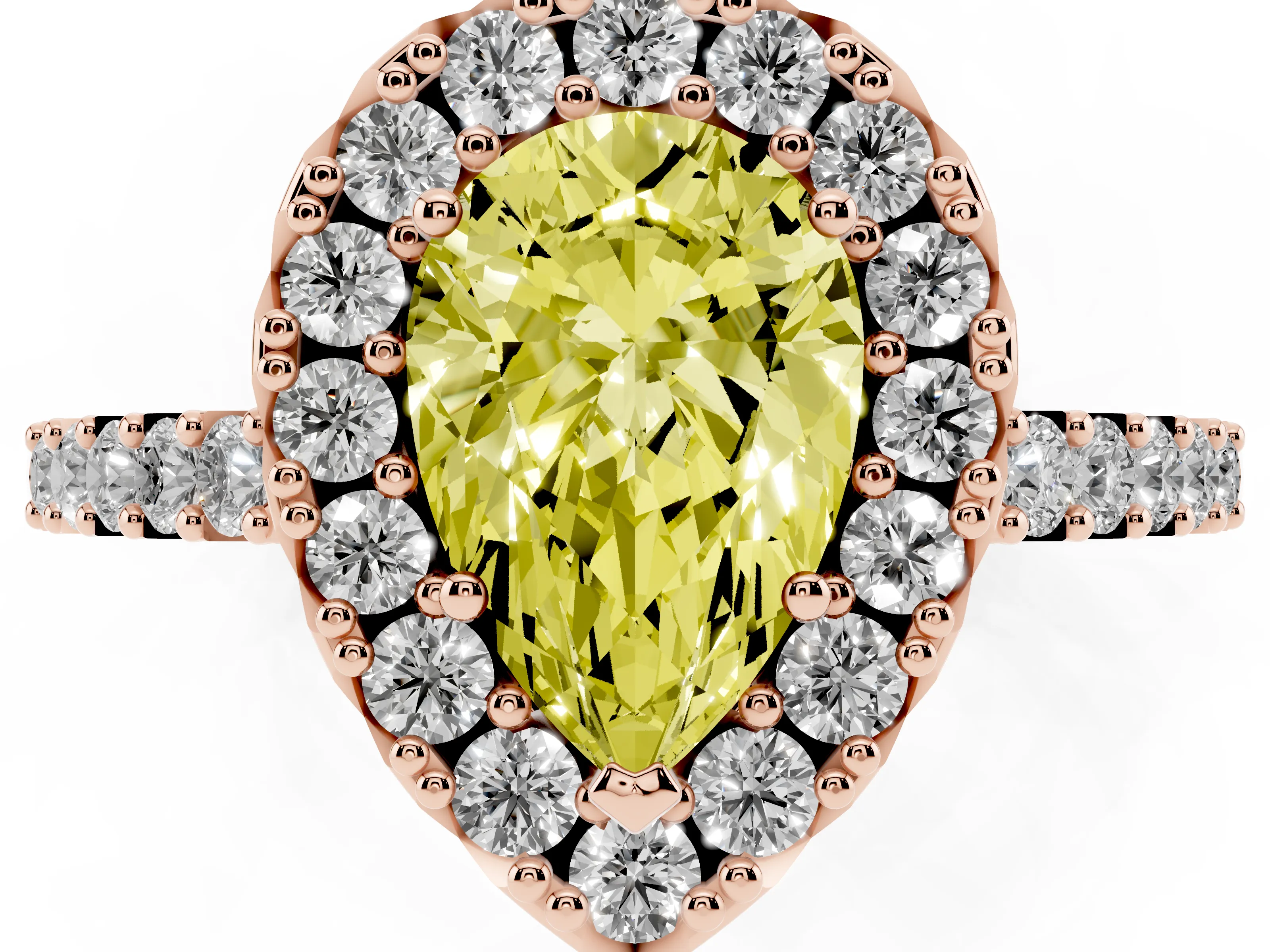Fancy Yellow Pear Cut Diamond Halo Pavé Solitaire Ring Set in Rose gold with Prong-Set Center Stone