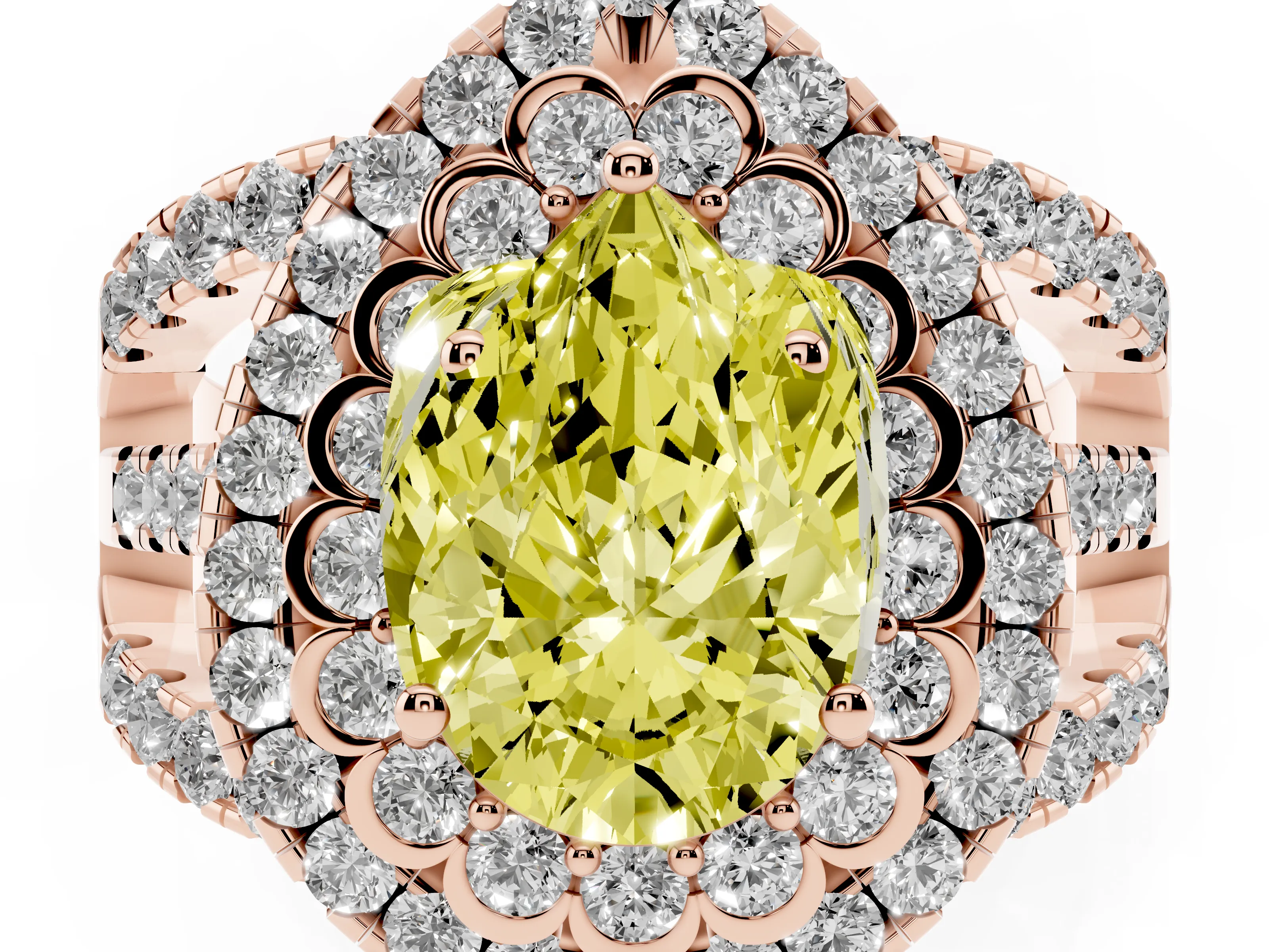 Fancy Yellow Pear Cut Diamond Double Halo Ring Set in Rose gold with Round Pavé Split Shank