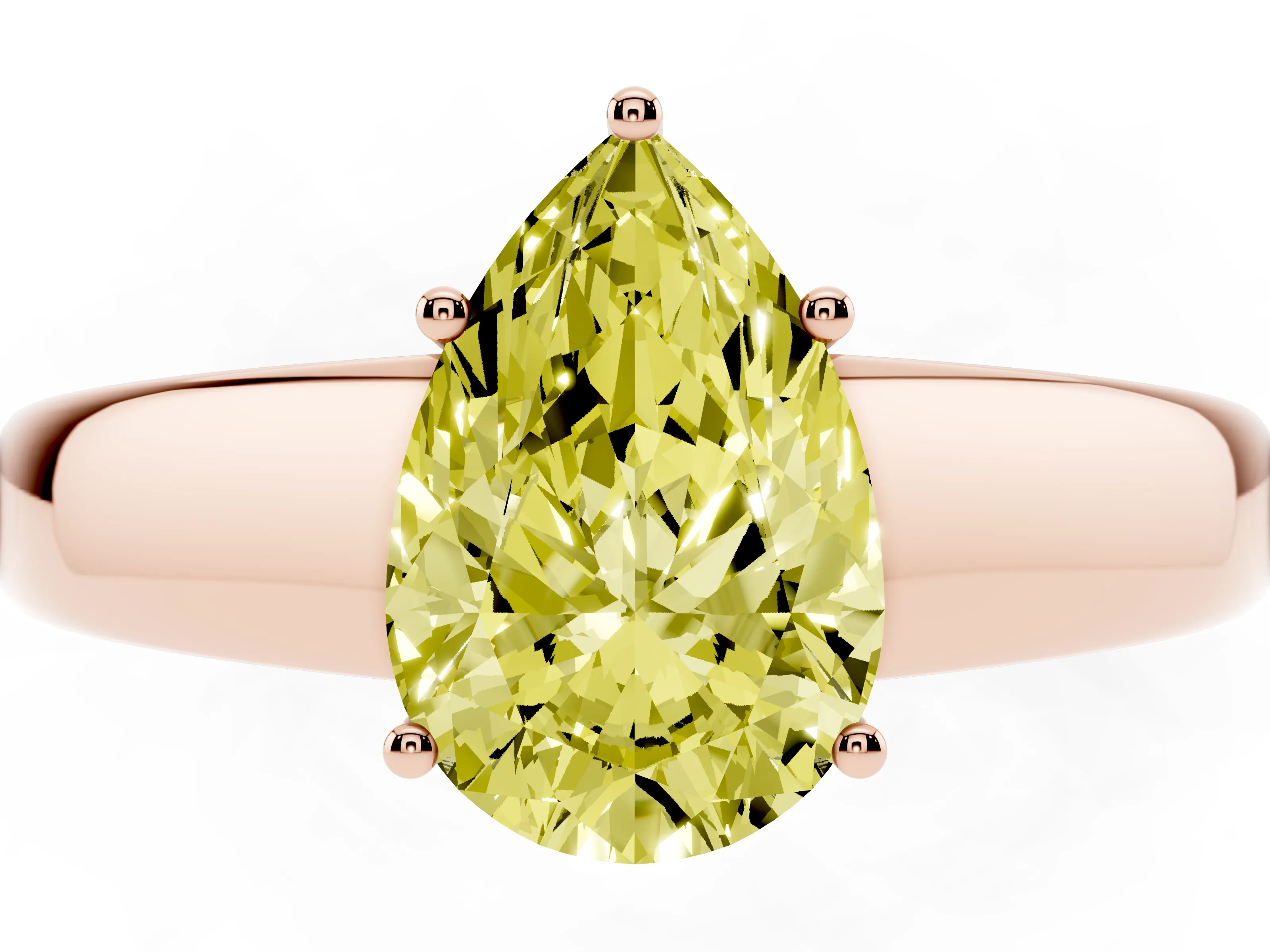 Fancy Yellow Pear Cut Diamond Solitaire Ring Set in Rose gold with Tapered Band and Prong Setting