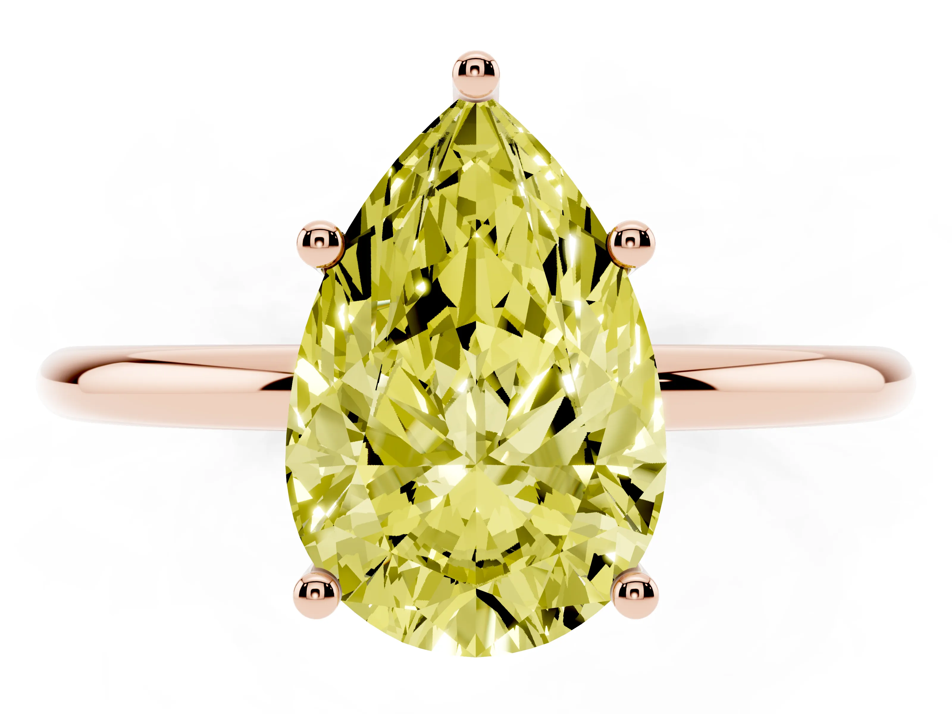 Fancy Yellow Pear Cut Diamond Solitaire Engagement Ring Set in Rose gold with Thin Band and Prong Setting