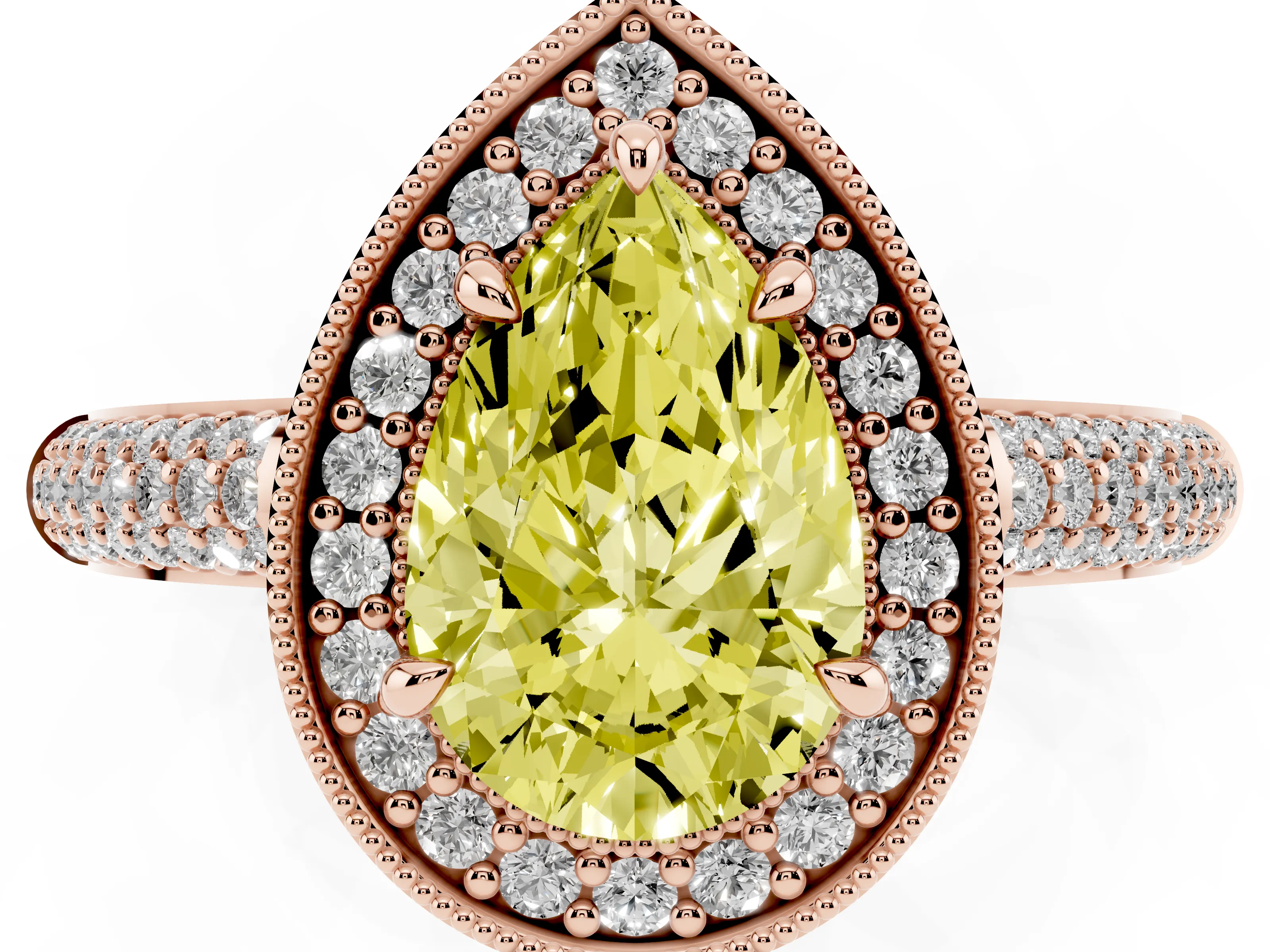 Fancy Yellow Pear Cut Diamond Halo Pavé Band Set in Rose gold with Prong Setting