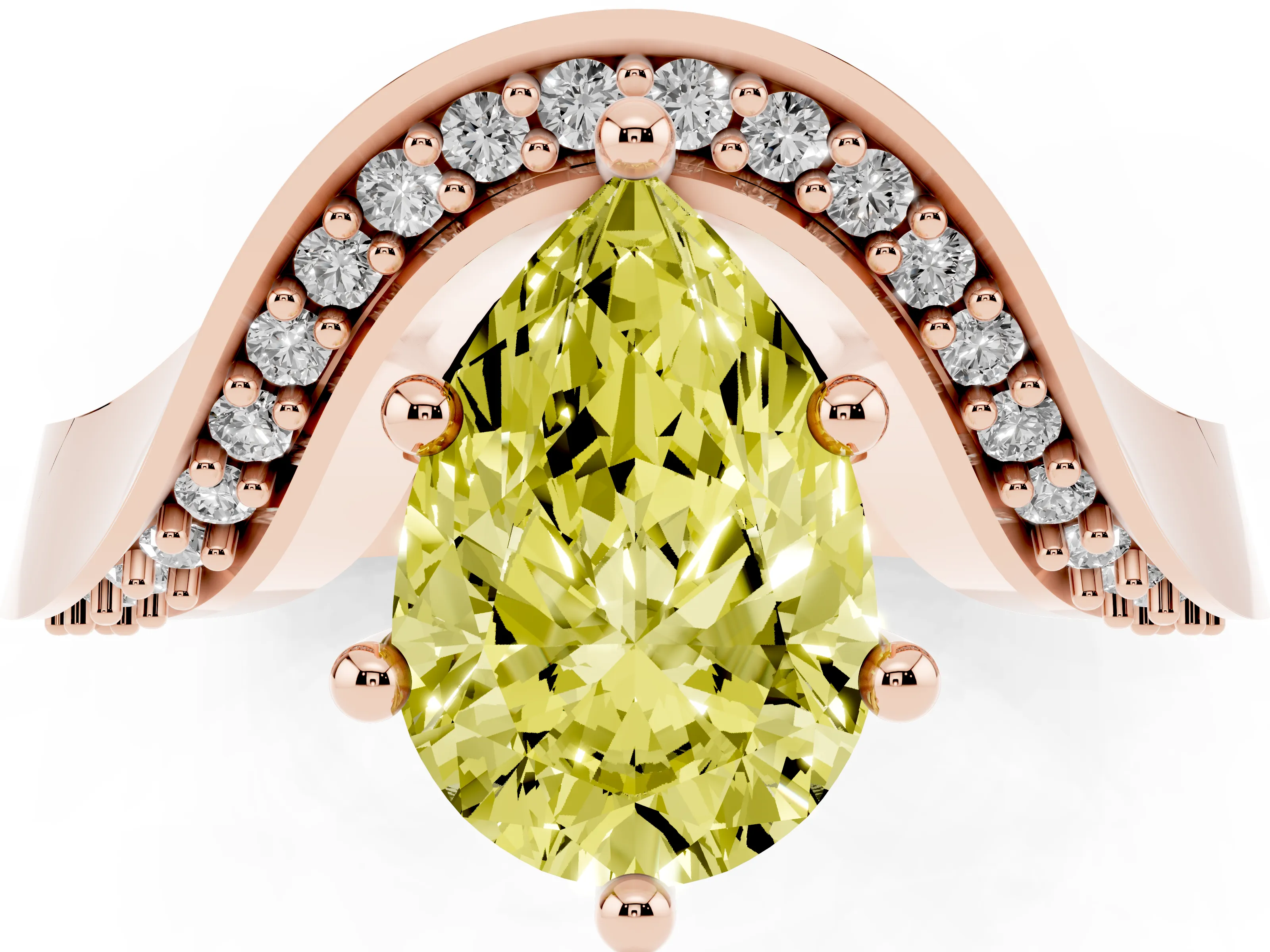 Fancy Yellow Pear Cut Diamond Solitaire Engagement Ring Set in Rose gold with Pavé Shoulders