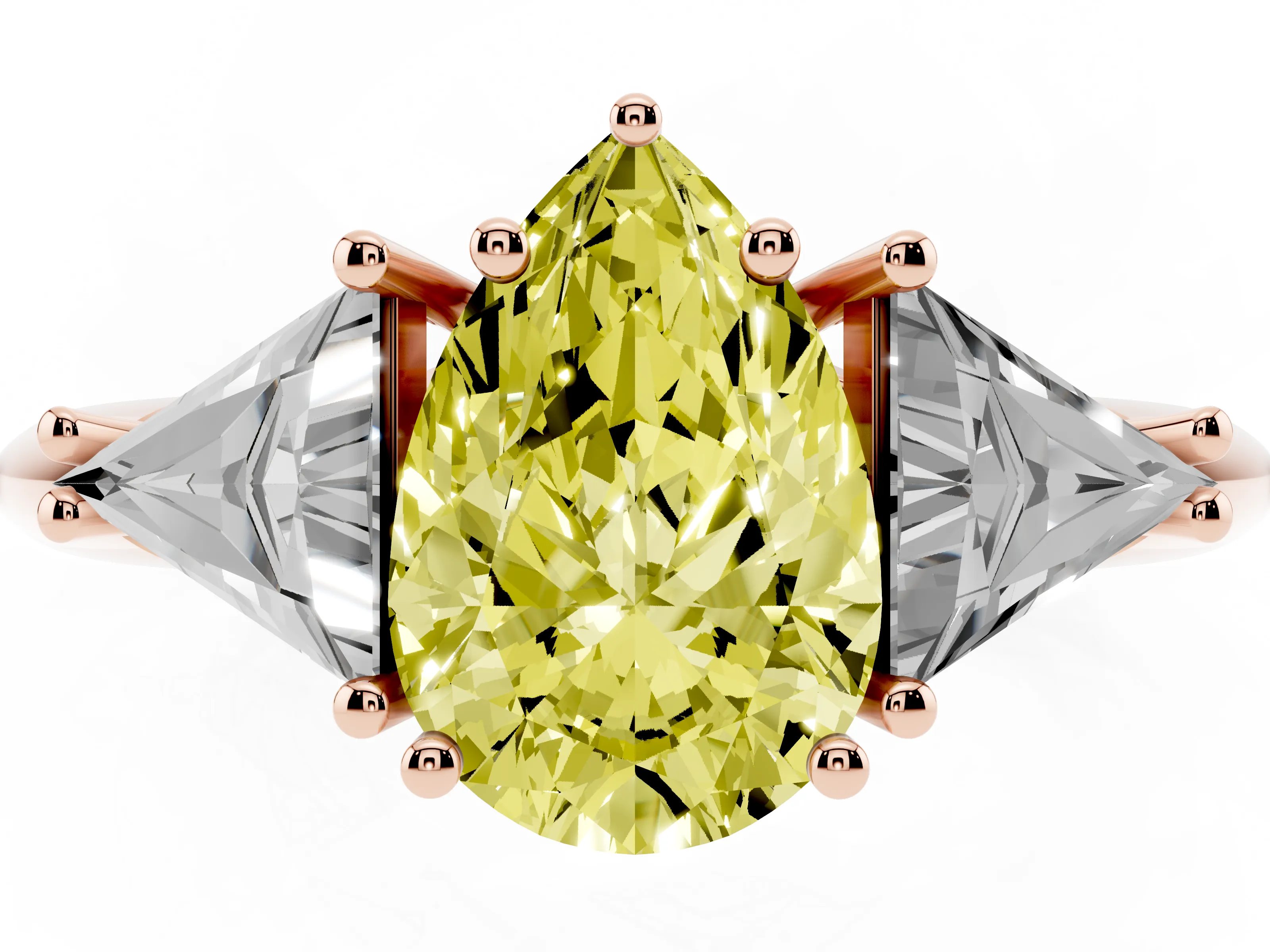 Fancy Yellow Pear Cut Diamond Three-Stone Engagement Ring Set in Rose gold with Trillion Side Stones