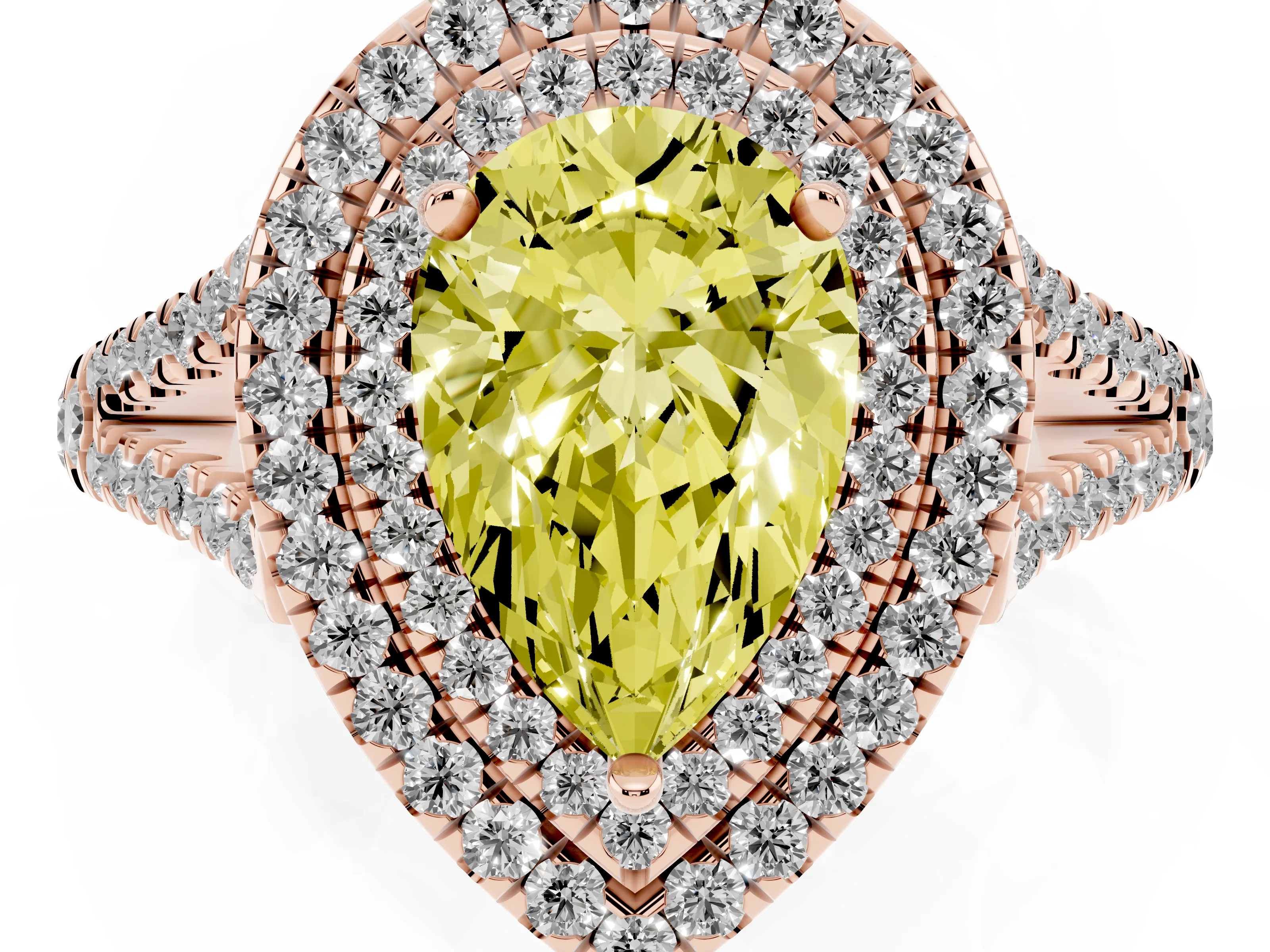 Fancy Yellow Pear Cut Diamond Double Halo Ring Set in Rose gold with Pavé Band