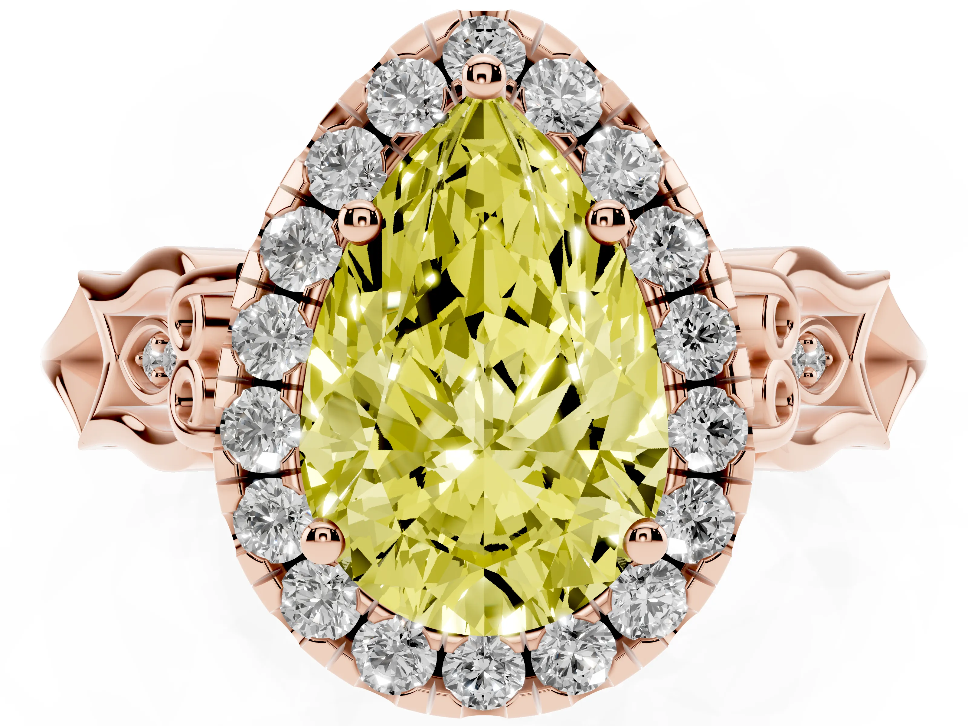 Fancy Yellow Pear Cut Diamond Halo Engagement Ring Set in Rose gold with Filigree Band and Prong-Set Center