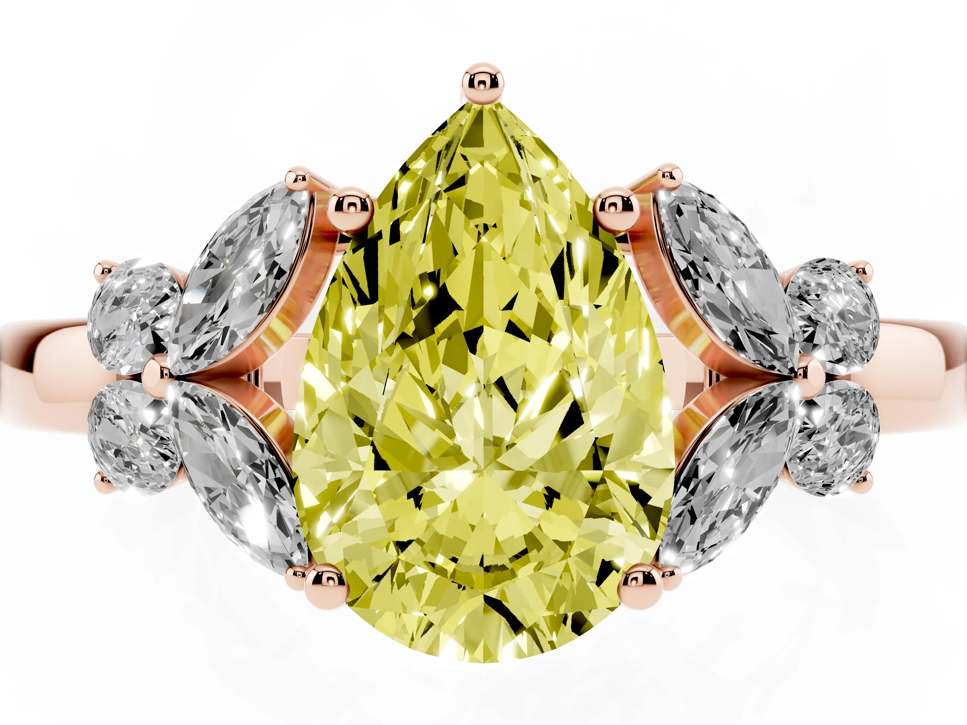 Fancy Yellow Pear Cut Diamond Solitaire Floral Ring Set in Rose gold with Marquise Petals and Prong Setting