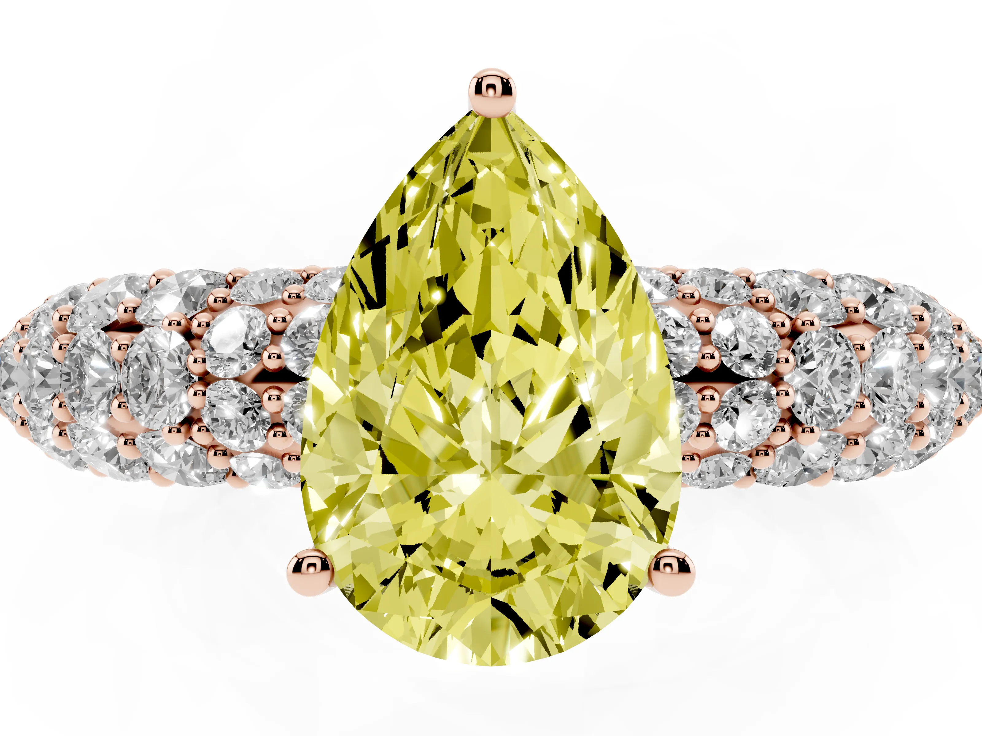 Fancy Yellow Pear Cut Diamond Pavé Band Solitaire Ring Set in Rose gold with Close-Set Accent Stones and Prong Setting