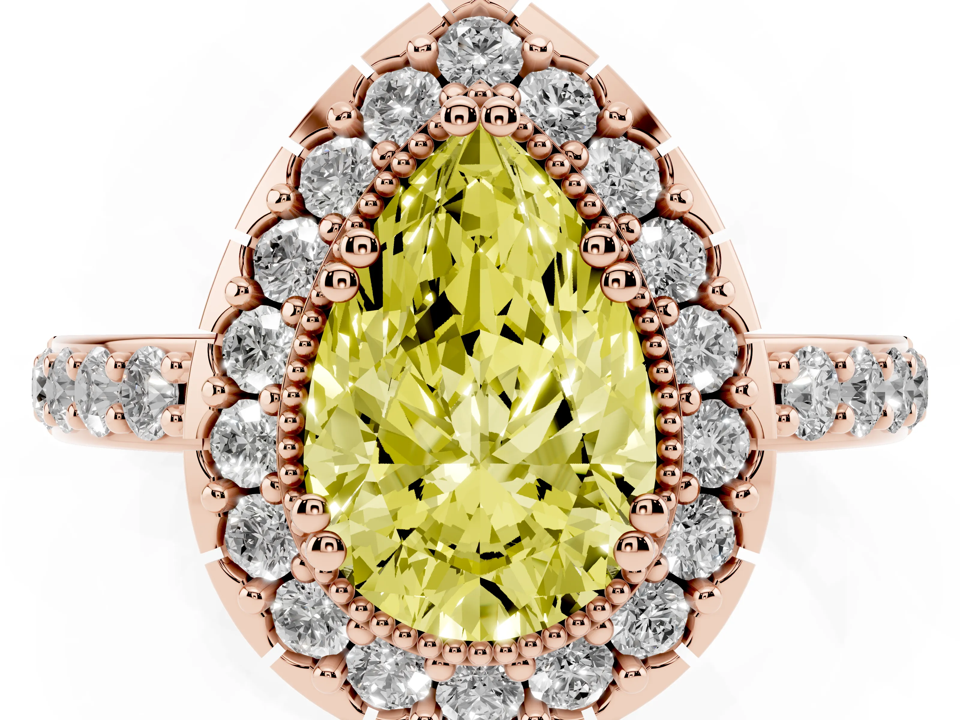 Fancy Yellow Pear Cut Diamond Halo Ring Set in Rose gold with Pavé Shank and Prong Setting