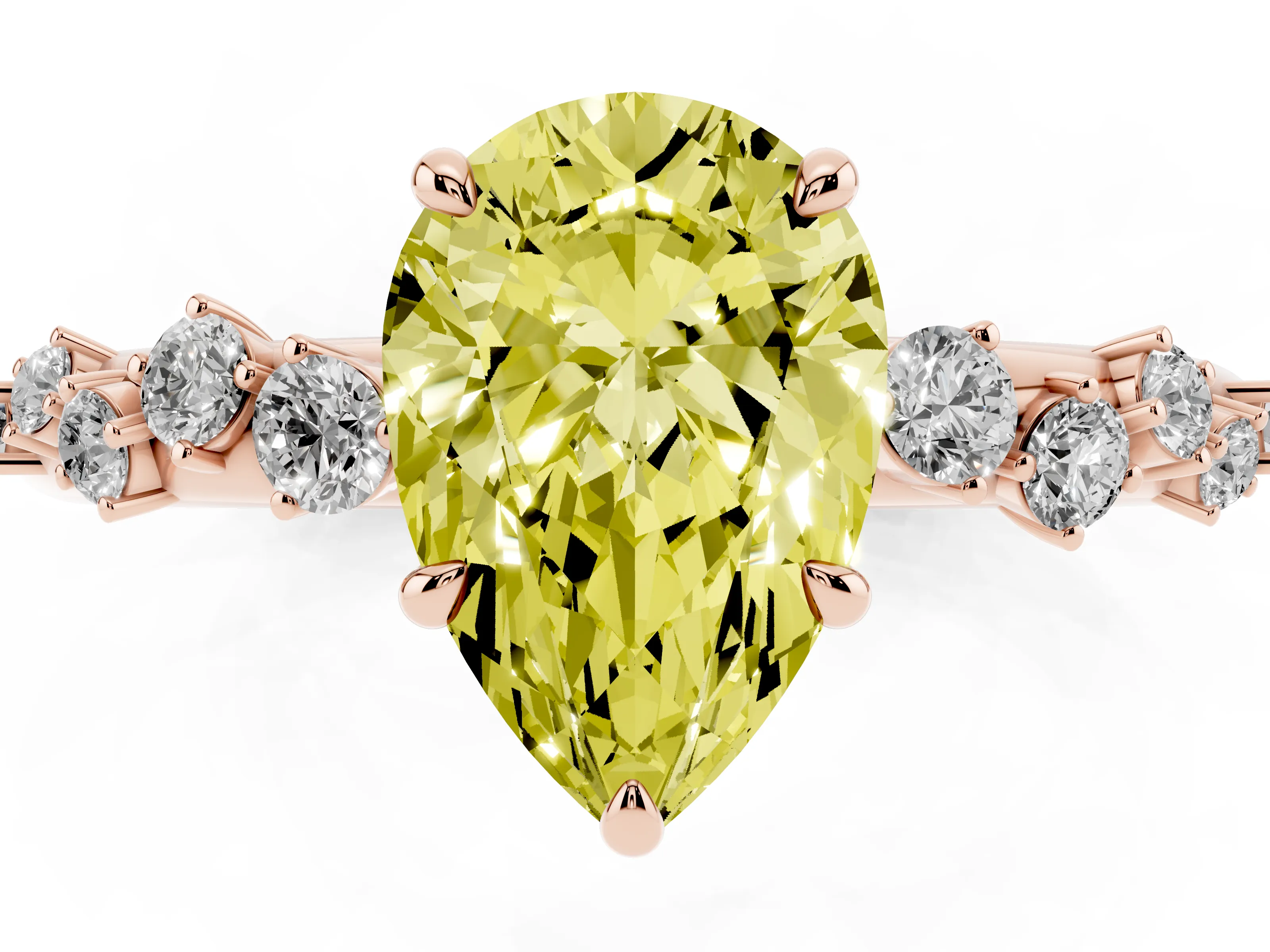 Fancy Yellow Pear Cut Diamond Cluster Solitaire Ring Set in Rose gold with Prong Setting