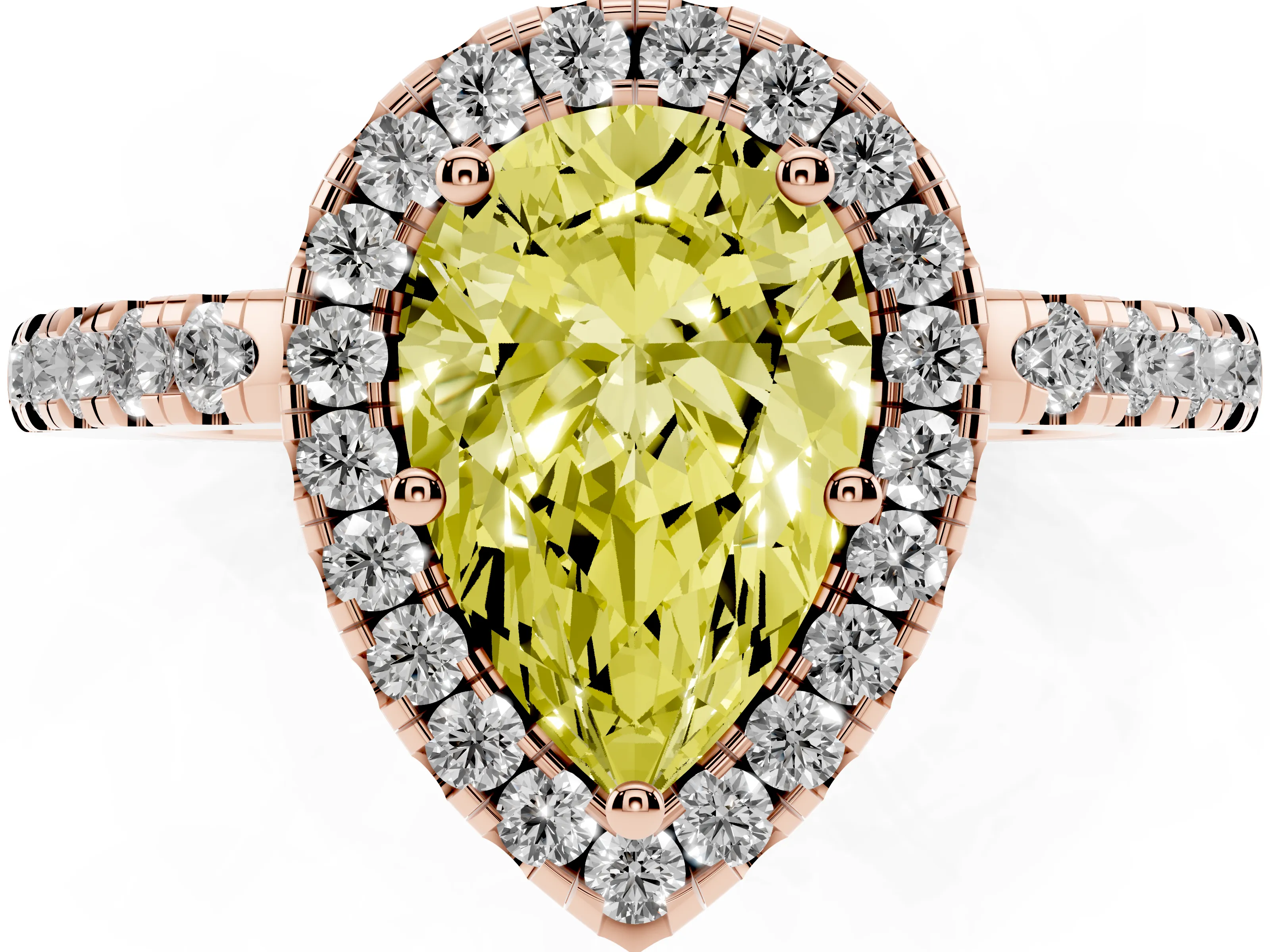 Fancy Yellow Pear Cut Diamond Pavé Band Halo Engagement Ring Set in Rose gold with Prong Setting