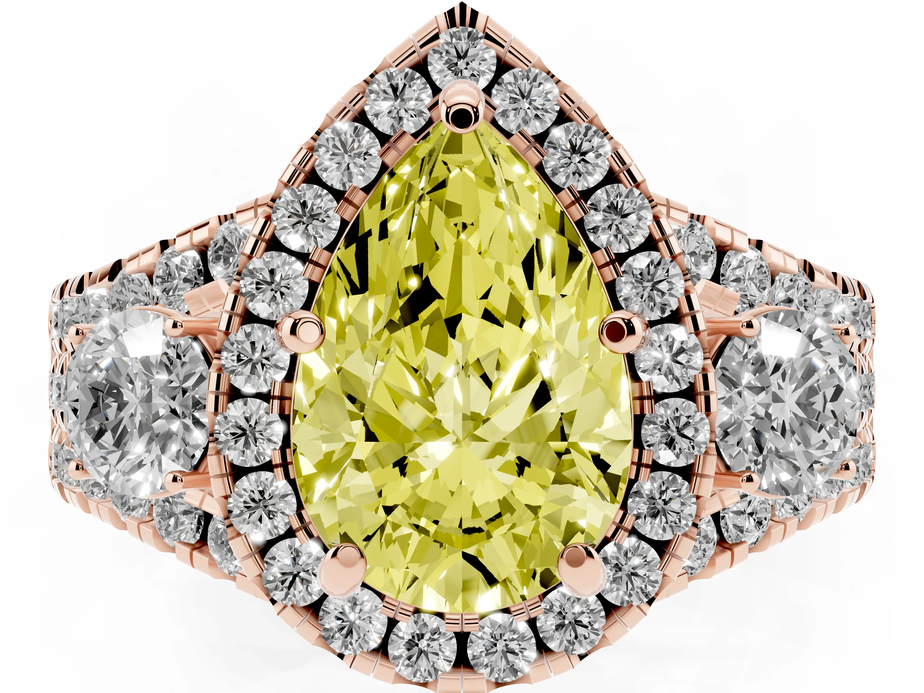 Fancy Yellow Pear Cut Diamond Halo Split Shank Ring Set in Rose gold with Round Accent Stones and Prong Setting