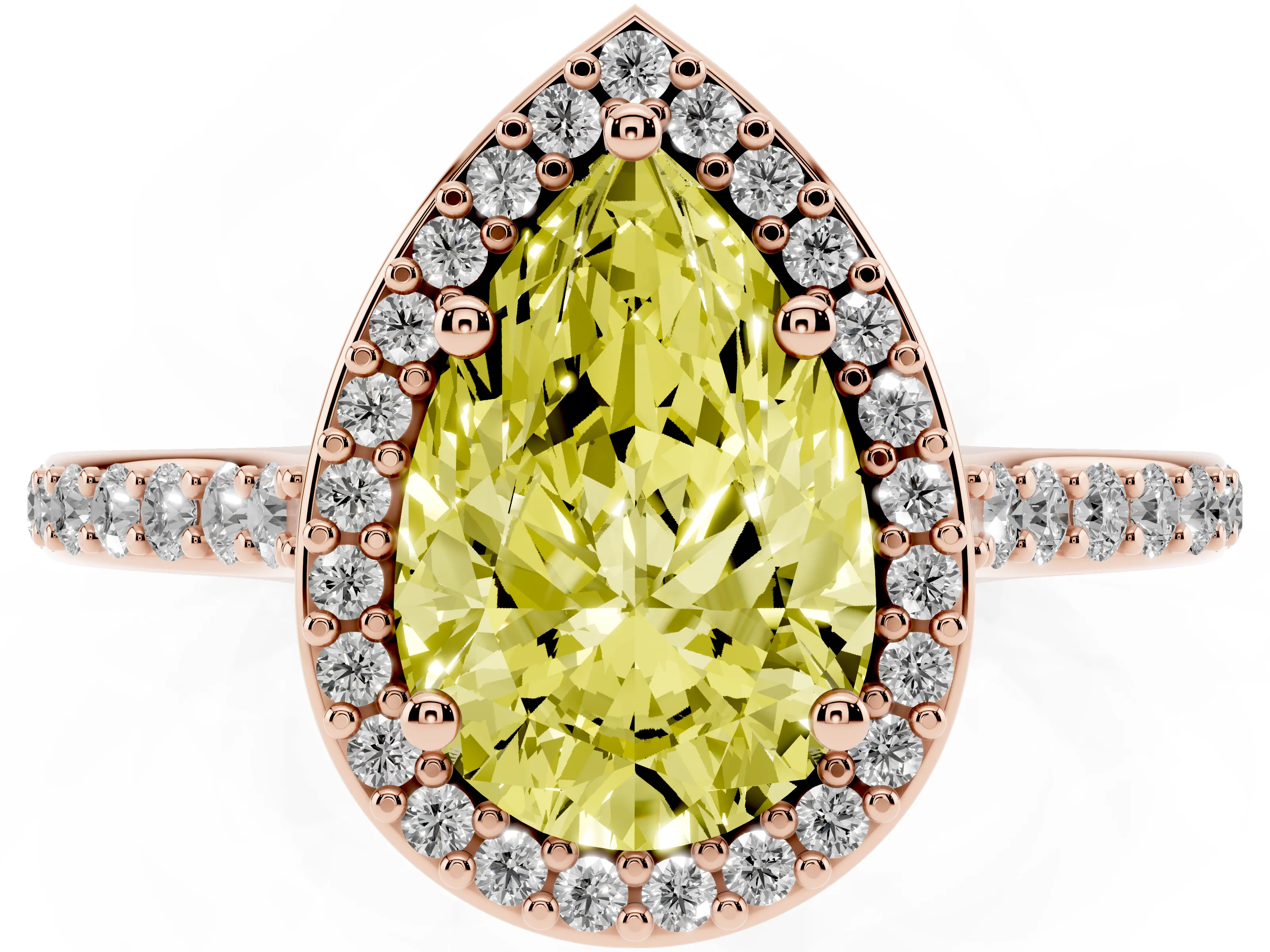 Fancy Yellow Pear Cut Diamond Halo Engagement Ring Set in Rose gold with Round Pavé Shoulders and Heart Gallery