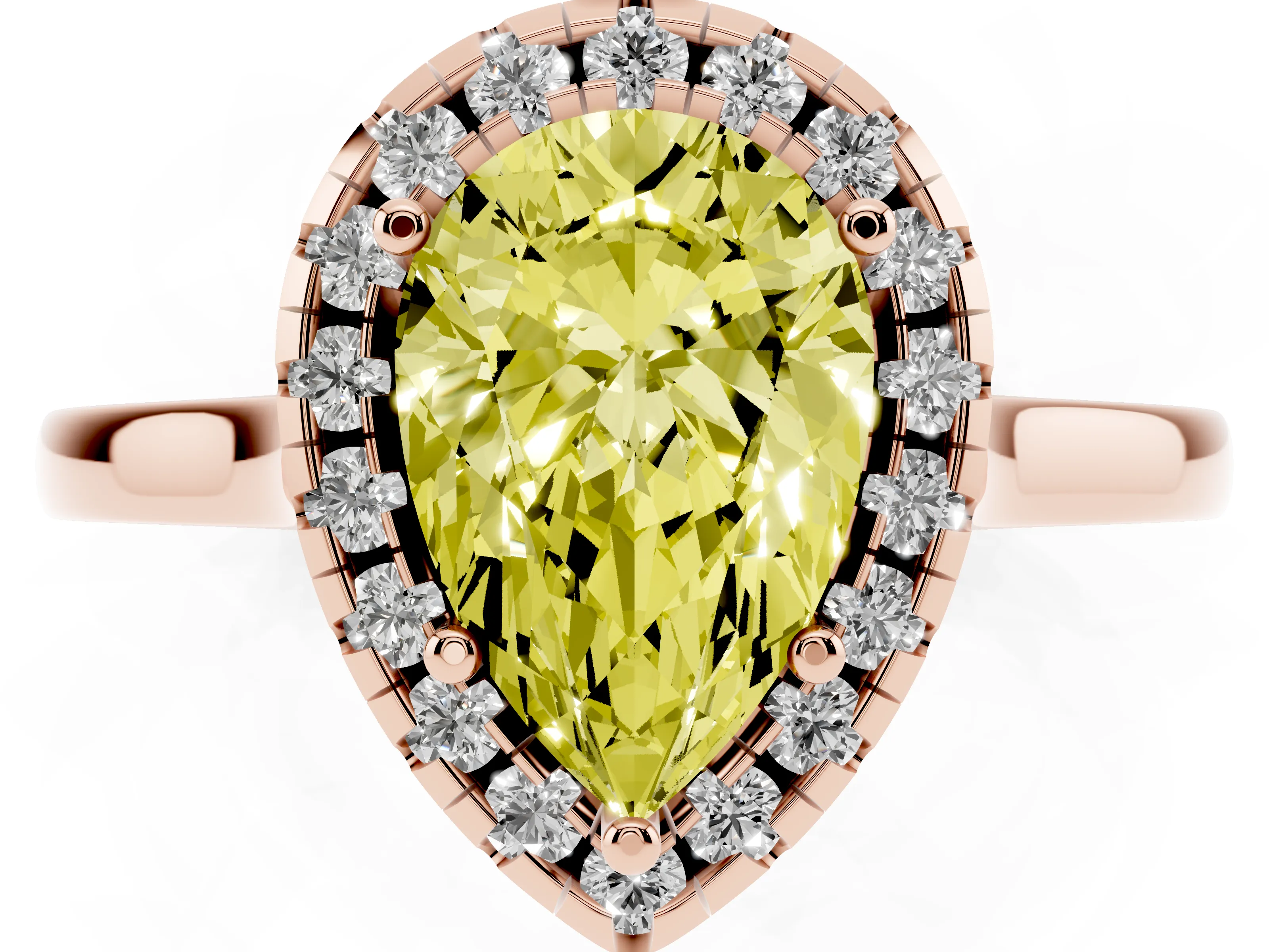Fancy Yellow Pear Cut Halo Round Diamond Solitaire Ring Set in Rose gold with Pavé Band and Prong Setting