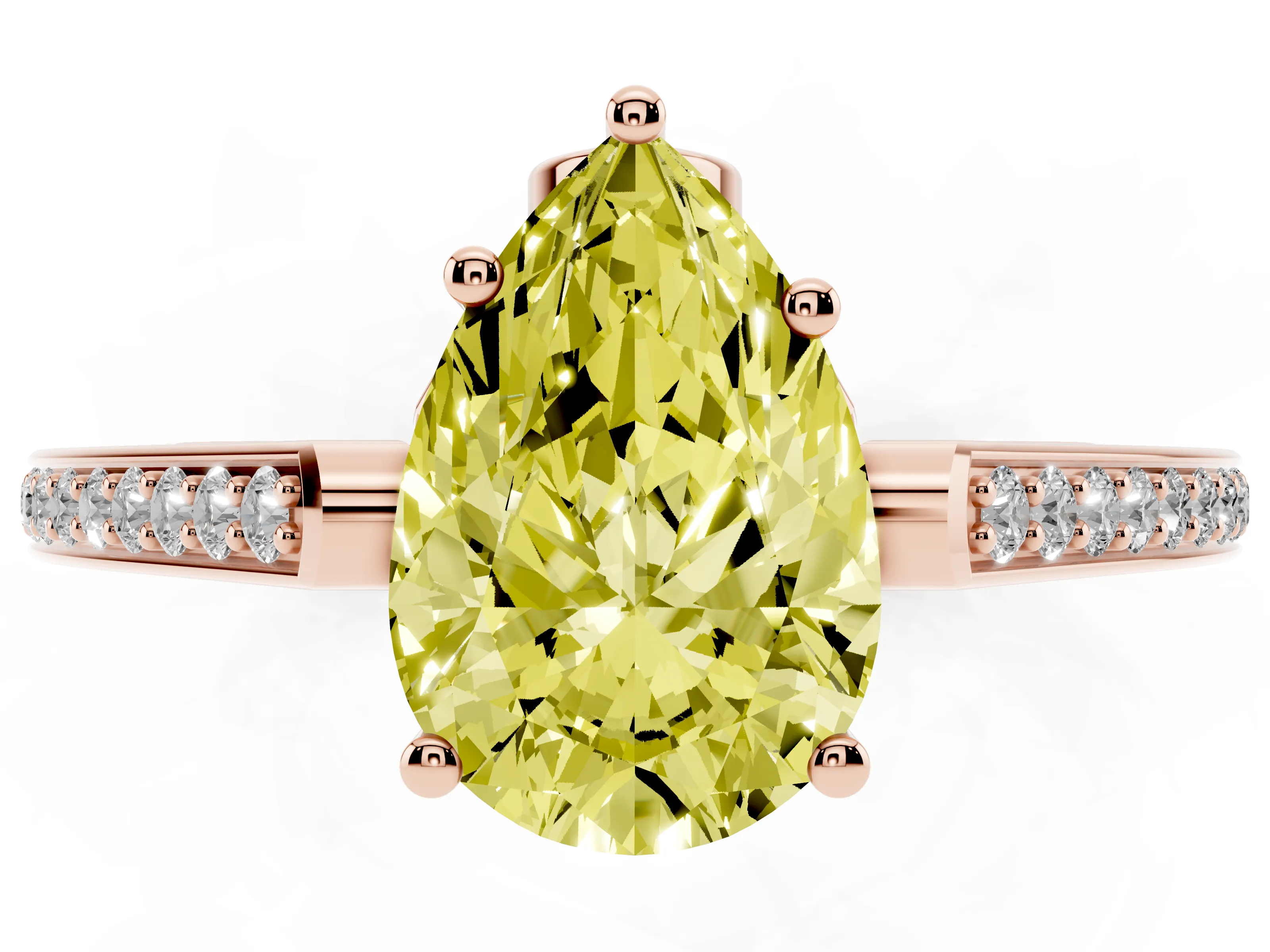 Fancy Yellow Pear Cut Diamond Cathedral Pavé Engagement Ring Set in Rose gold with Prong Setting