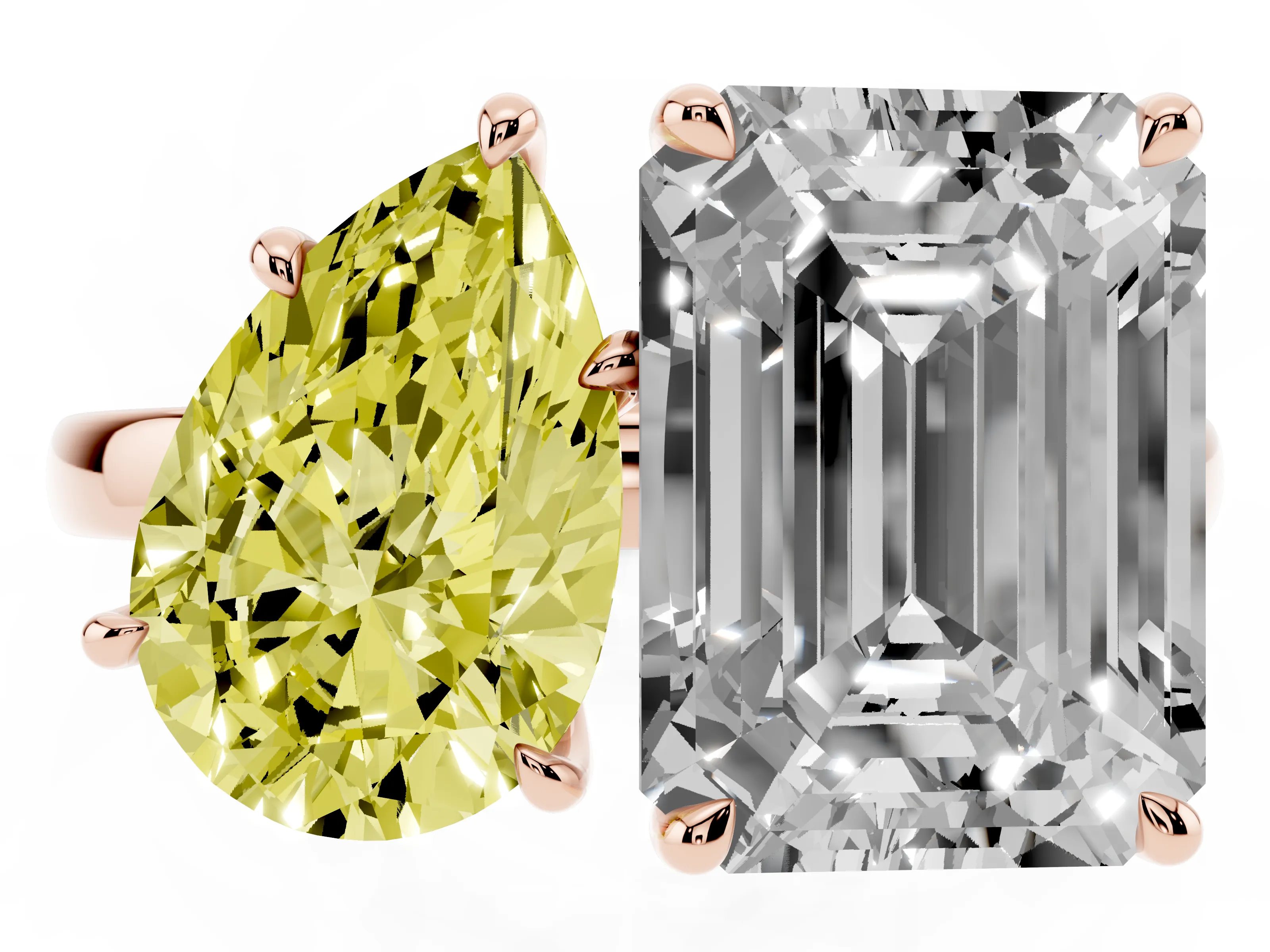 Fancy Yellow Pear Cut and Emerald Cut Toi Moi Ring Set in Rose gold with Prong Setting