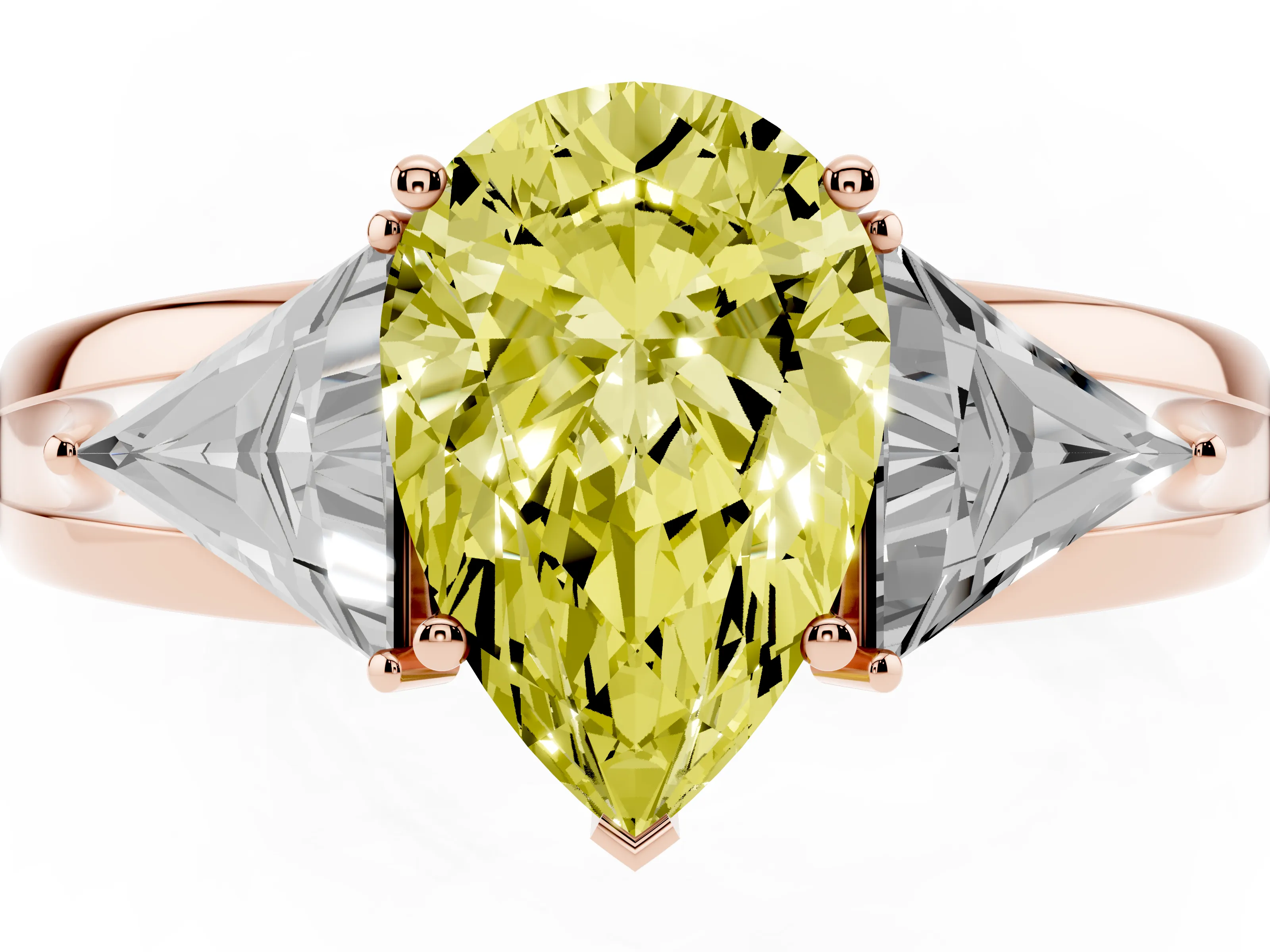 Fancy Yellow Pear Cut Diamond Three-Stone Ring Set in Rose gold with Trillion Side Stones and Split Shank