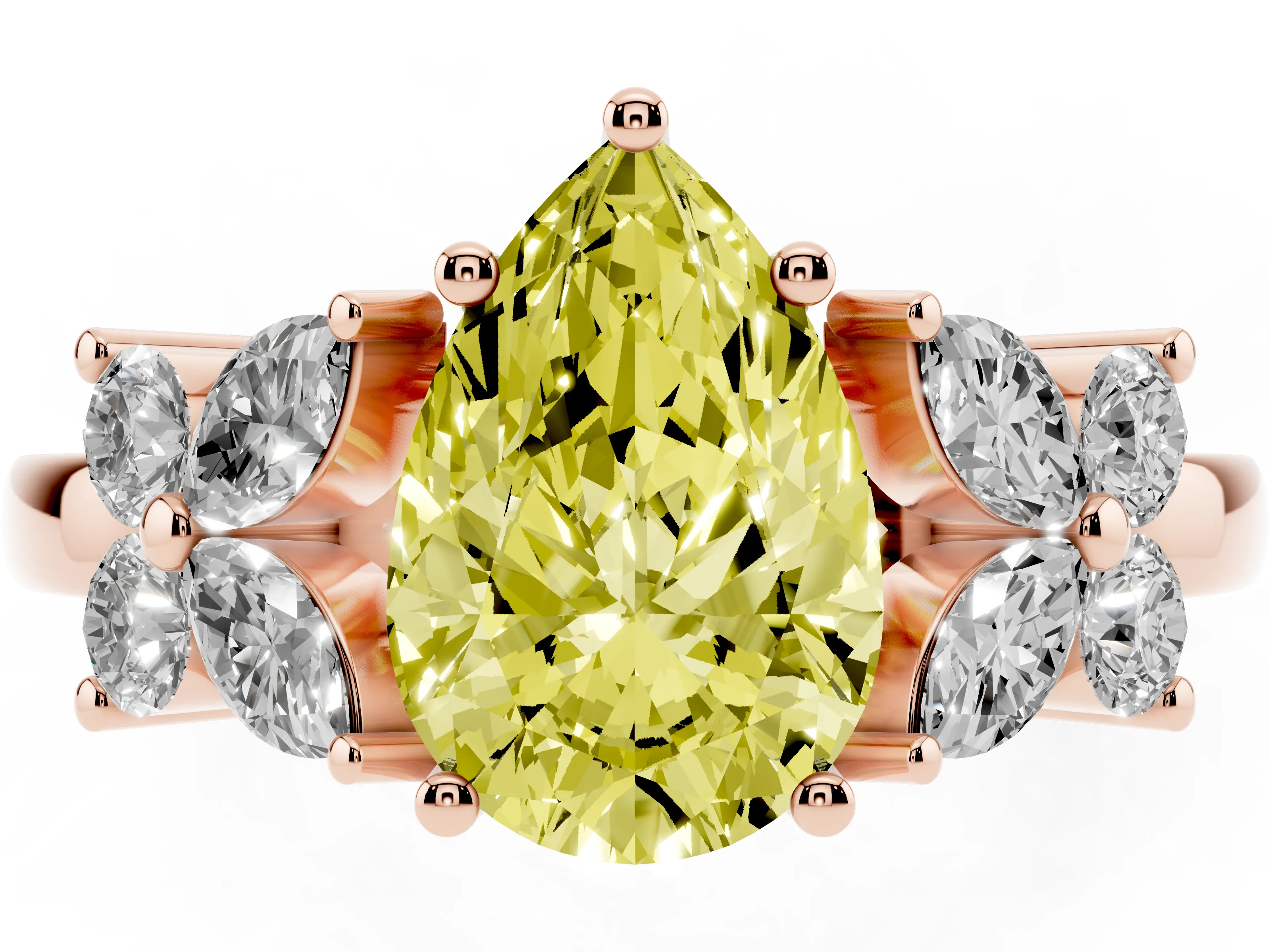 Fancy Yellow Pear Cut Diamond Floral Cluster Ring Set in Rose gold with Marquise Petals and Prong Setting