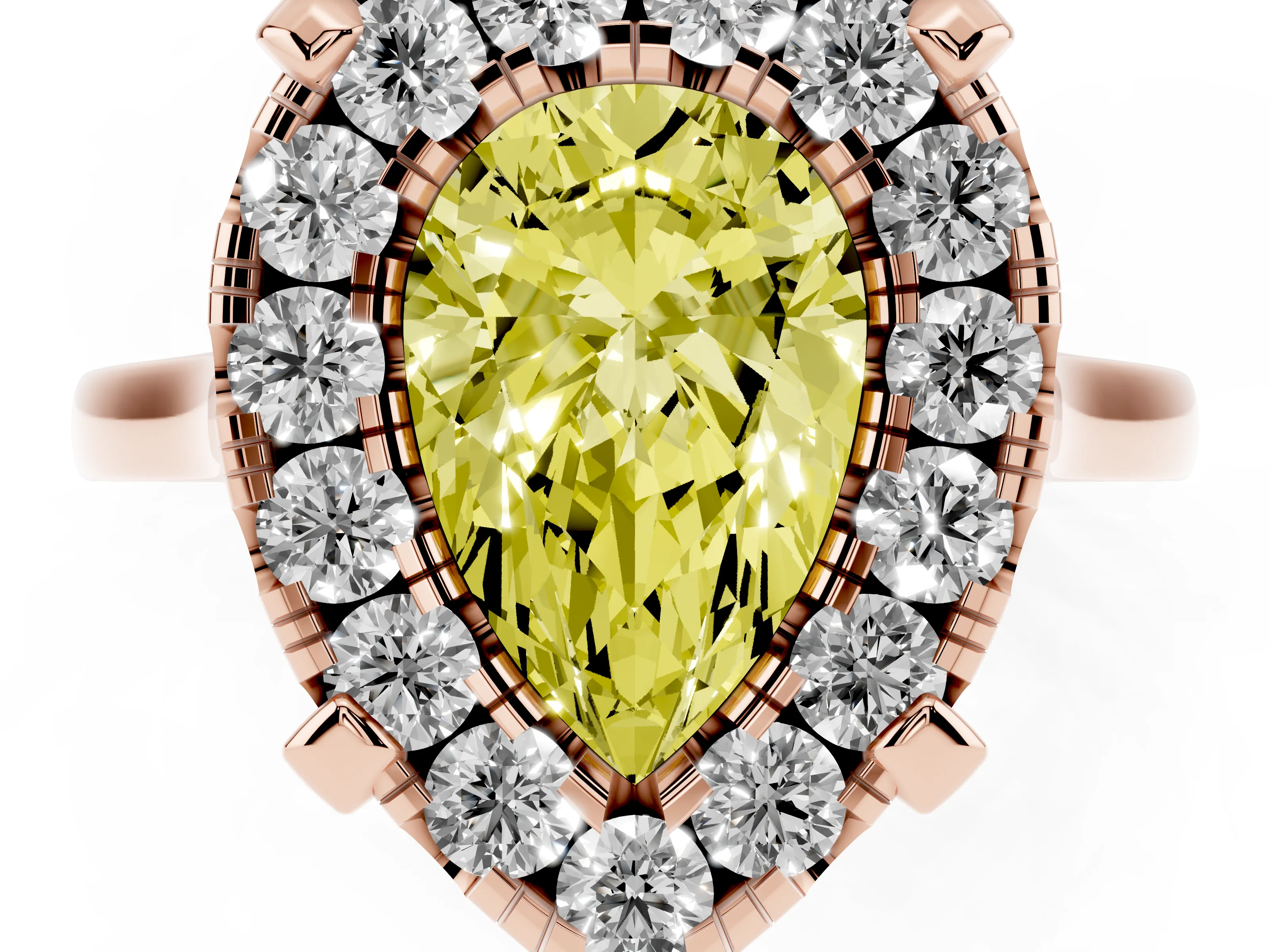 Fancy Yellow Pear Cut Diamond Cluster Halo Solitaire Ring Set in Rose gold with Prong Setting