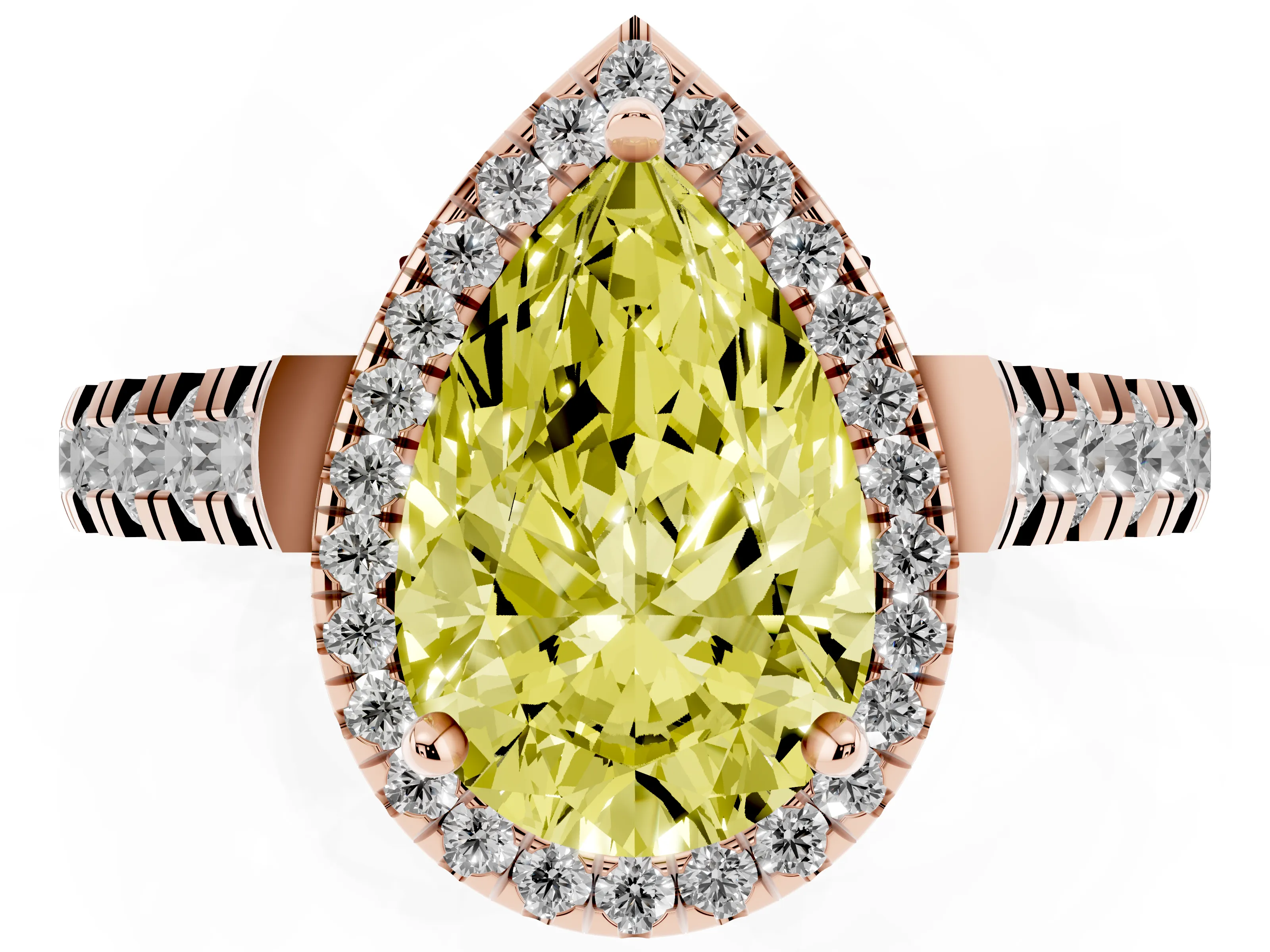 Fancy Yellow Pear Cut Diamond Halo Engagement Ring Set in Rose gold with Pavé Band and Prong-Set Center