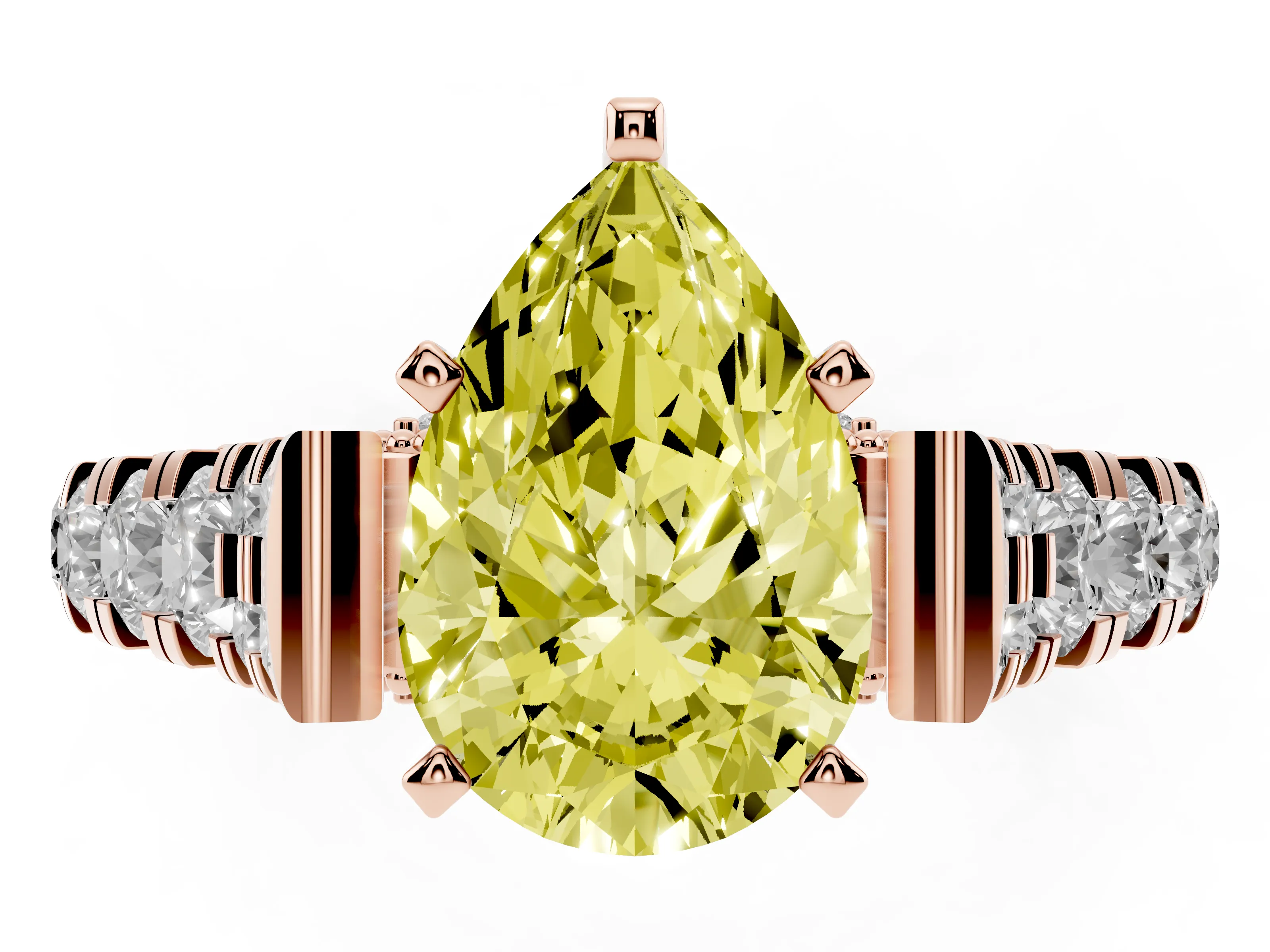 Fancy Yellow Pear Cut Diamond Classic Solitaire Ring Set in Rose gold with Pavé Band and Prong Setting