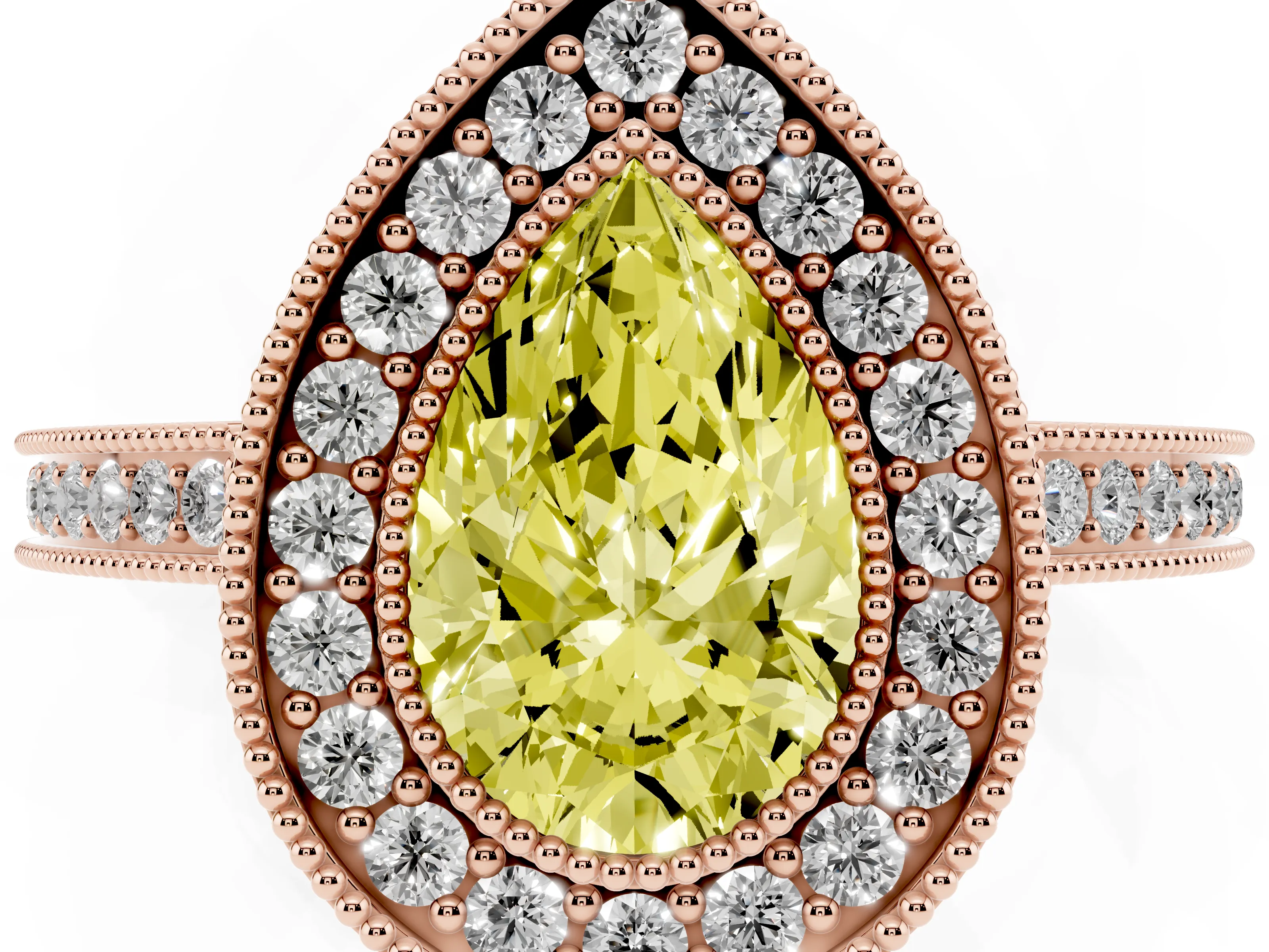 Fancy Yellow Pear Cut Diamond Halo Ring Set in Rose gold with Pavé Band and Milgrain-Edged Prongs