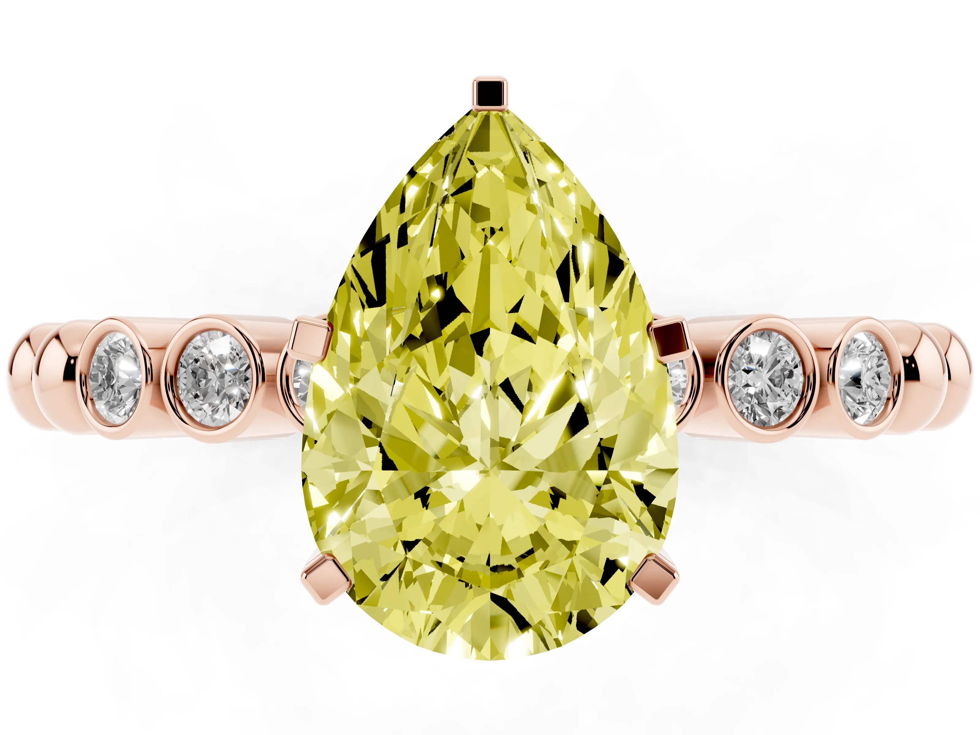 Fancy Yellow Pear Cut Diamond Solitaire Engagement Ring Set in Rose gold with Bezel Accents on Beaded Band