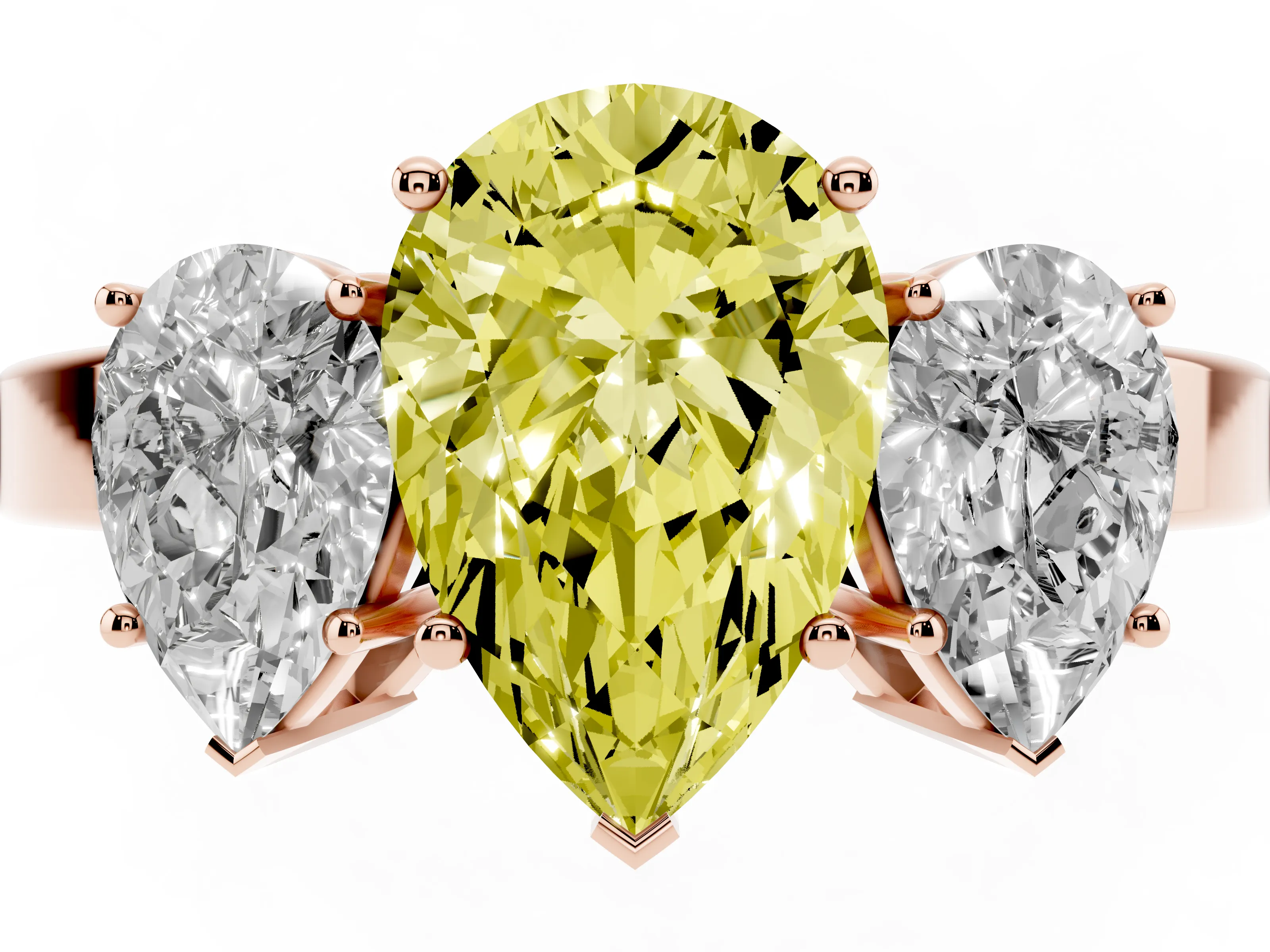 Fancy Yellow Pear Cut Diamond Three-Stone Engagement Ring Set in Rose gold with Flat Band