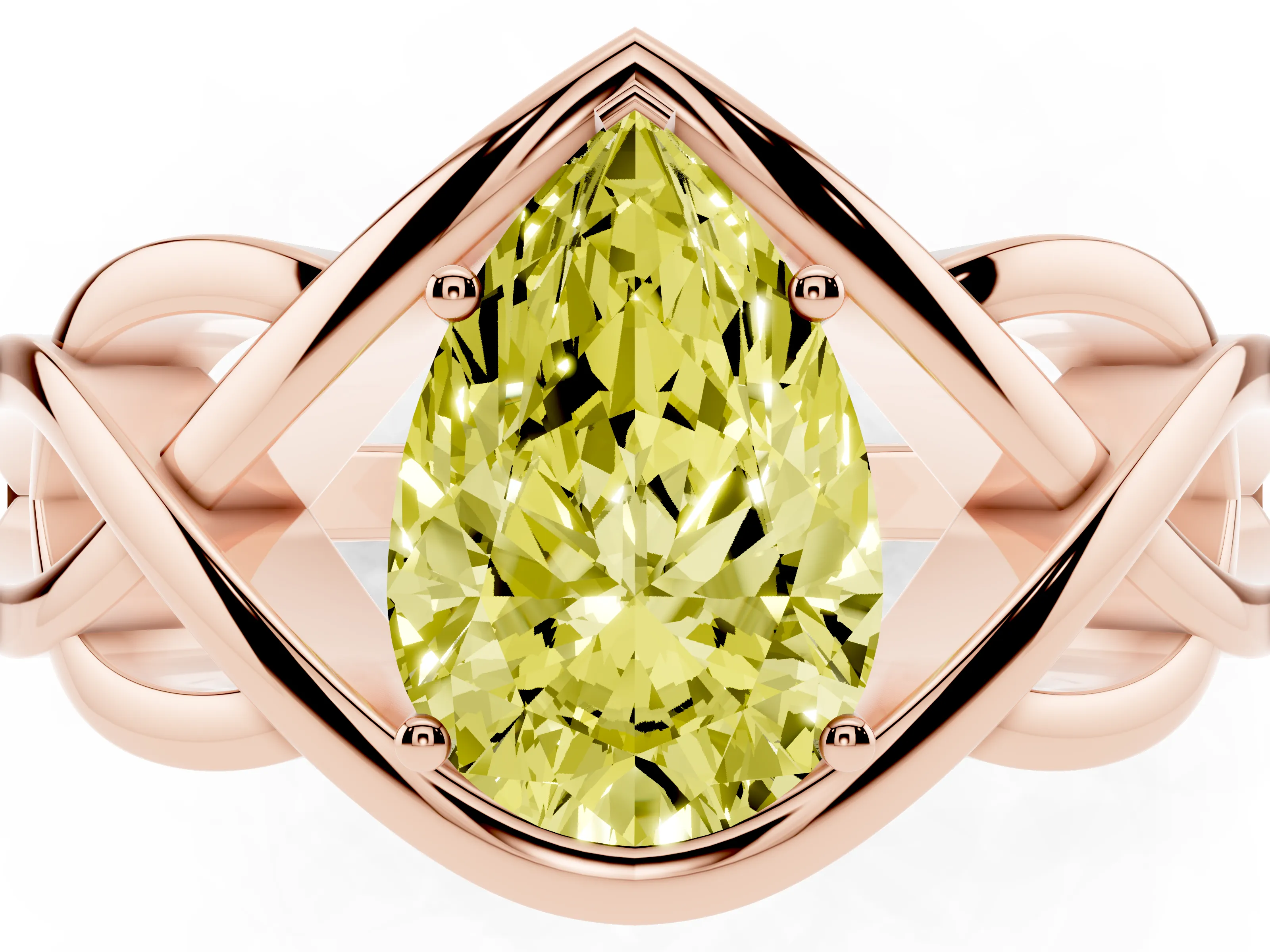 Fancy Yellow Pear Cut Diamond Solitaire Ring Set in Rose gold with Intertwined Band